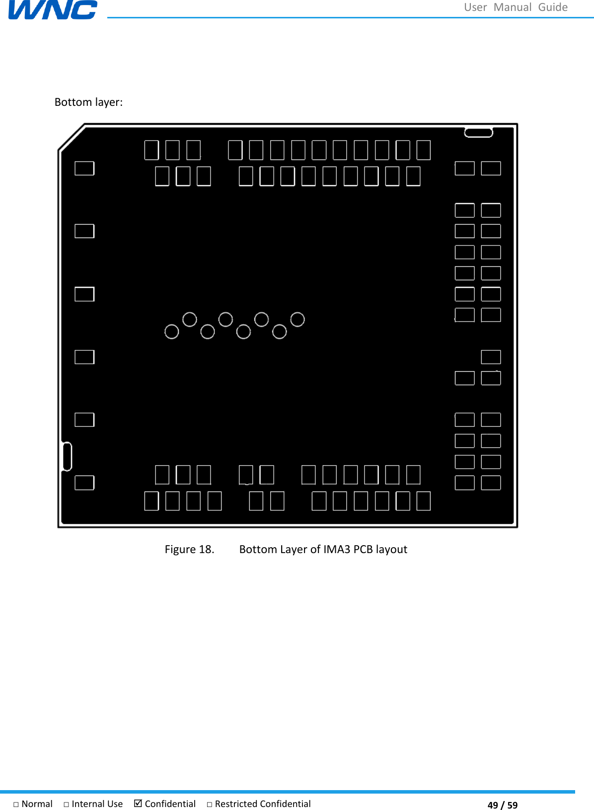  49 / 59 □ Normal  □ Internal Use   Confidential  □ Restricted Confidential User  Manual  Guide  Bottom layer:    Figure 18. Bottom Layer of IMA3 PCB layout    