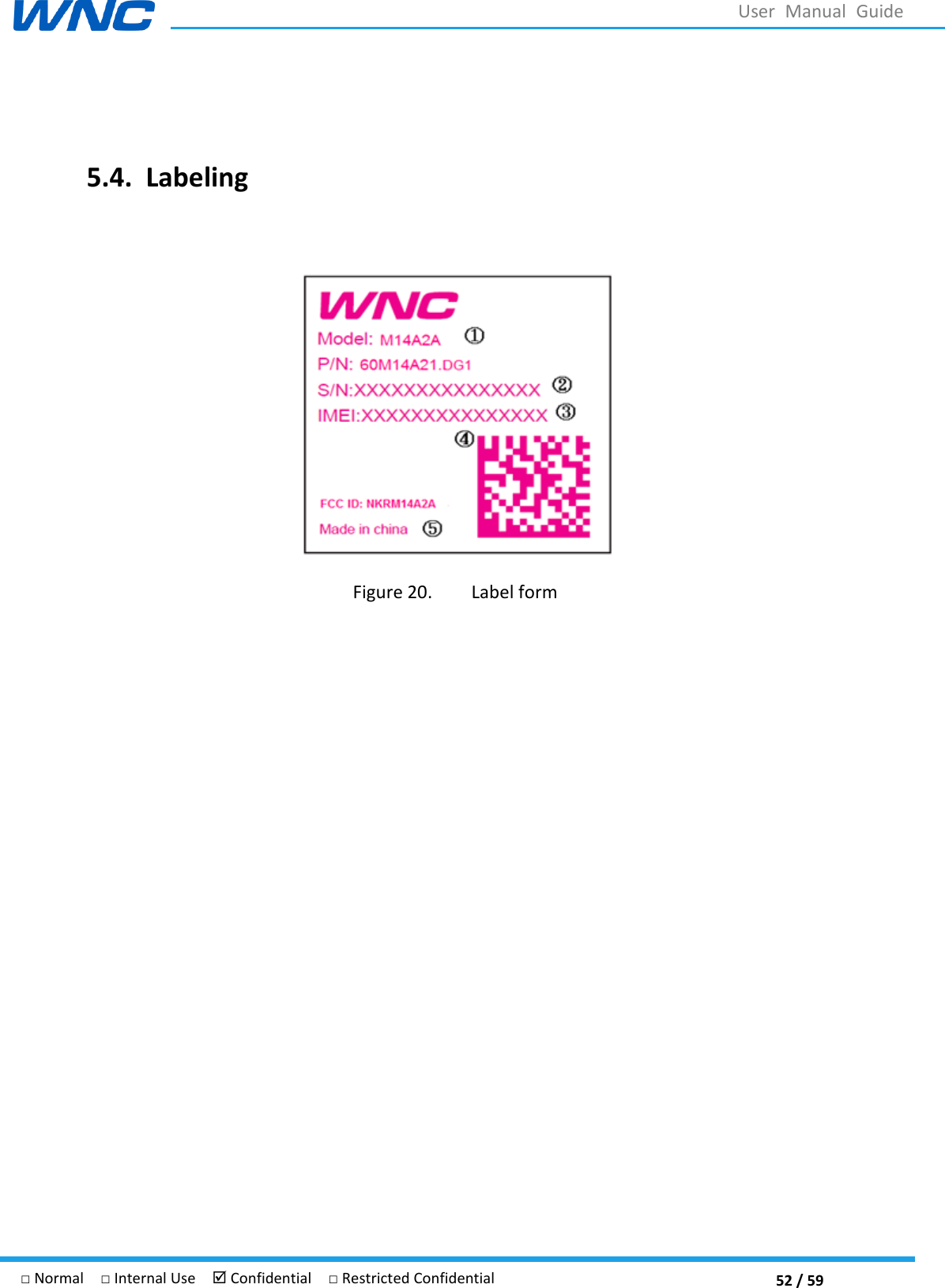  52 / 59 □ Normal  □ Internal Use   Confidential  □ Restricted Confidential User  Manual  Guide  5.4. Labeling   Figure 20. Label form     