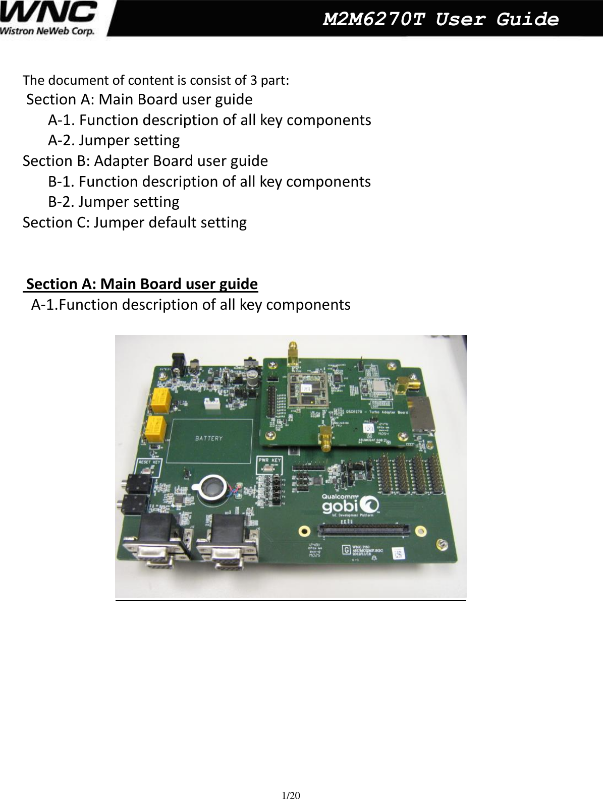  1/20  M2M6270T User Guide The document of content is consist of 3 part:  Section A: Main Board user guide A-1. Function description of all key components A-2. Jumper setting Section B: Adapter Board user guide B-1. Function description of all key components B-2. Jumper setting Section C: Jumper default setting    Section A: Main Board user guide A-1.Function description of all key components     