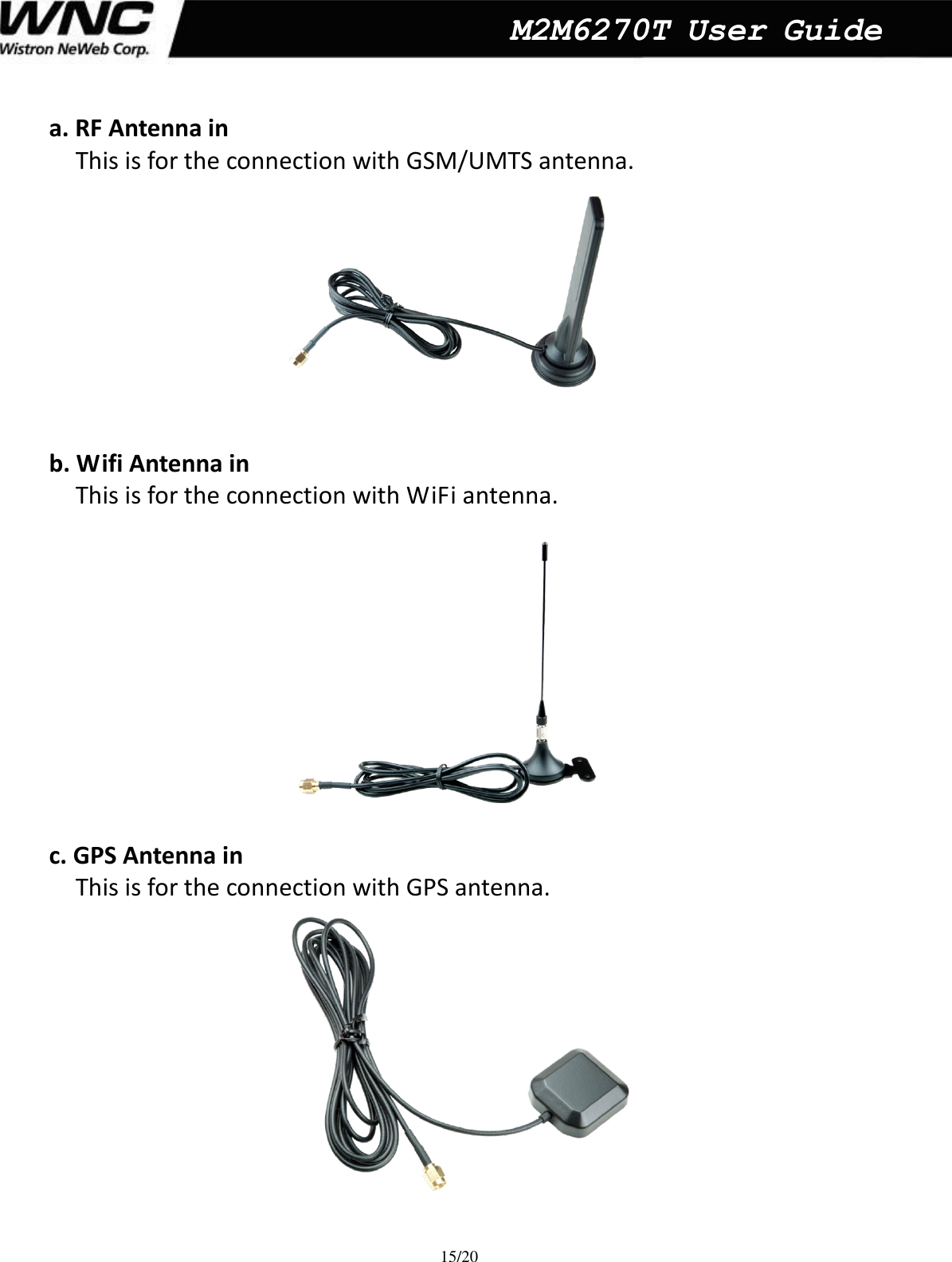  15/20  M2M6270T User Guide a. RF Antenna in   This is for the connection with GSM/UMTS antenna.  b. Wifi Antenna in   This is for the connection with WiFi antenna.   c. GPS Antenna in   This is for the connection with GPS antenna.   