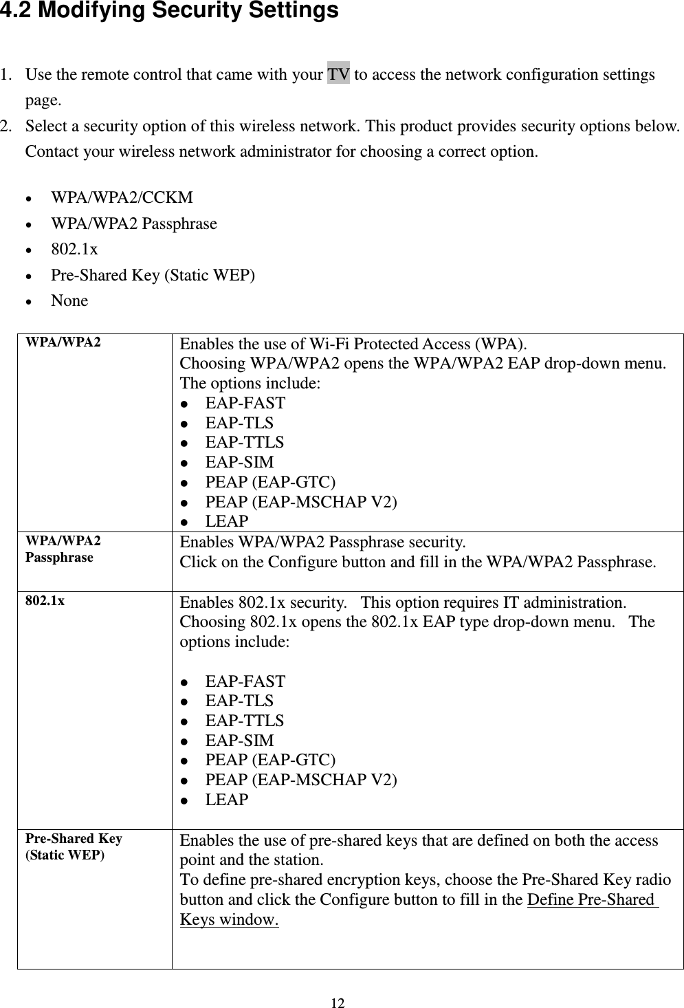  12 4.2 Modifying Security Settings  1. Use the remote control that came with your TV to access the network configuration settings page.   2. Select a security option of this wireless network. This product provides security options below. Contact your wireless network administrator for choosing a correct option.    WPA/WPA2/CCKM    WPA/WPA2 Passphrase    802.1x    Pre-Shared Key (Static WEP)    None   WPA/WPA2 Enables the use of Wi-Fi Protected Access (WPA).    Choosing WPA/WPA2 opens the WPA/WPA2 EAP drop-down menu. The options include:  EAP-FAST  EAP-TLS    EAP-TTLS    EAP-SIM    PEAP (EAP-GTC)    PEAP (EAP-MSCHAP V2)    LEAP   WPA/WPA2 Passphrase Enables WPA/WPA2 Passphrase security.     Click on the Configure button and fill in the WPA/WPA2 Passphrase.    802.1x Enables 802.1x security.   This option requires IT administration.   Choosing 802.1x opens the 802.1x EAP type drop-down menu.   The options include:     EAP-FAST    EAP-TLS    EAP-TTLS    EAP-SIM    PEAP (EAP-GTC)    PEAP (EAP-MSCHAP V2)    LEAP    Pre-Shared Key (Static WEP) Enables the use of pre-shared keys that are defined on both the access point and the station.   To define pre-shared encryption keys, choose the Pre-Shared Key radio button and click the Configure button to fill in the Define Pre-Shared Keys window.     