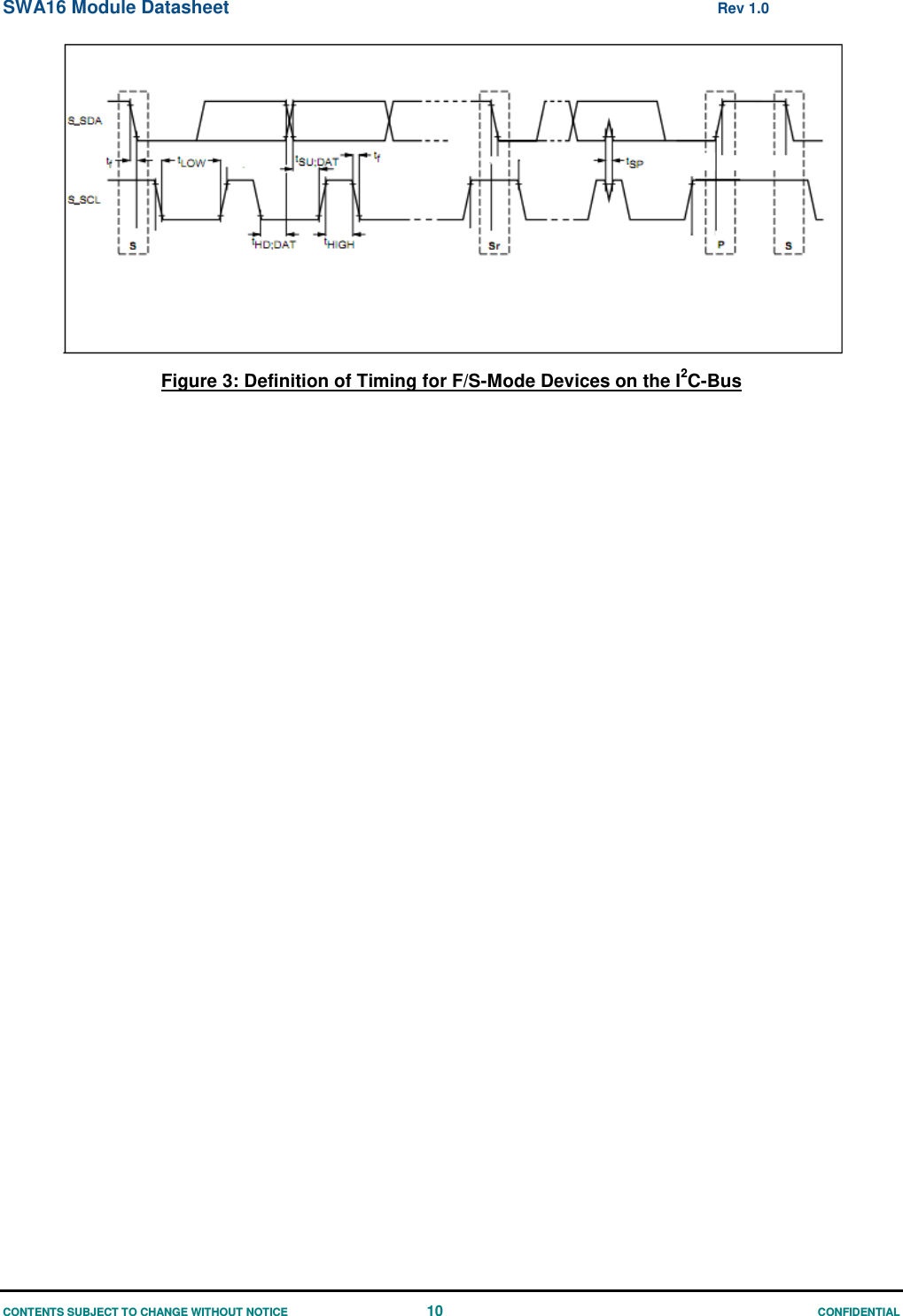 SWA16 Module Datasheet  Rev 1.0 CONTENTS SUBJECT TO CHANGE WITHOUT NOTICE  10 CONFIDENTIAL  Figure 3: Definition of Timing for F/S-Mode Devices on the I2C-Bus   