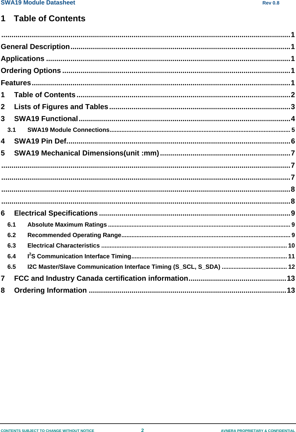 SWA19 Module Datasheet      Rev 0.8 CONTENTS SUBJECT TO CHANGE WITHOUT NOTICE  2  AVNERA PROPRIETARY &amp; CONFIDENTIAL 1 Table of Contents  .............................................................................................................................................. 1General Description ............................................................................................................ 1Applications ........................................................................................................................ 1Ordering Options ................................................................................................................ 1Features ............................................................................................................................... 11Table of Contents ......................................................................................................... 22Lists of Figures and Tables ......................................................................................... 33SWA19 Functional ........................................................................................................ 43.1SWA19 Module Connections ............................................................................................................ 54SWA19 Pin Def. ............................................................................................................. 65SWA19 Mechanical Dimensions(unit :mm) ................................................................ 7 .............................................................................................................................................. 7 .............................................................................................................................................. 7 .............................................................................................................................................. 8 .............................................................................................................................................. 86Electrical Specifications .............................................................................................. 96.1Absolute Maximum Ratings ............................................................................................................. 96.2Recommended Operating Range ..................................................................................................... 96.3Electrical Characteristics ............................................................................................................... 106.4I2S Communication Interface Timing ............................................................................................. 116.5I2C Master/Slave Communication Interface Timing (S_SCL, S_SDA) ....................................... 127FCC and Industry Canada certification information ................................................ 138Ordering Information ................................................................................................. 13 