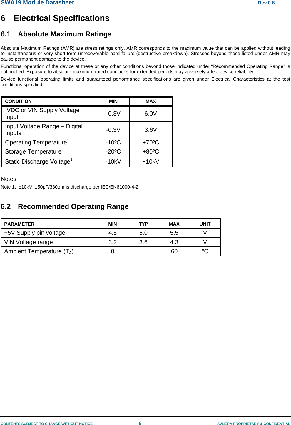 SWA19 Module Datasheet      Rev 0.8 CONTENTS SUBJECT TO CHANGE WITHOUT NOTICE  9  AVNERA PROPRIETARY &amp; CONFIDENTIAL 6  Electrical Specifications  6.1 Absolute Maximum Ratings Absolute Maximum Ratings (AMR) are stress ratings only. AMR corresponds to the maximum value that can be applied without leading to instantaneous or very short-term unrecoverable hard failure (destructive breakdown). Stresses beyond those listed under AMR may cause permanent damage to the device. Functional operation of the device at these or any other conditions beyond those indicated under “Recommended Operating Range” is not implied. Exposure to absolute-maximum-rated conditions for extended periods may adversely affect device reliability. Device functional operating limits and guaranteed performance specifications are given under Electrical Characteristics at the test conditions specified.   CONDITION MIN MAX  VDC or VIN Supply Voltage Input  -0.3V 6.0V Input Voltage Range – Digital Inputs  -0.3V 3.6V Operating Temperature1 -10ºC +70ºC Storage Temperature  -20ºC  +80ºC Static Discharge Voltage1 -10kV +10kV  Notes: Note 1:  ±10kV, 150pF/330ohms discharge per IEC/EN61000-4-2  6.2  Recommended Operating Range PARAMETER MIN TYP MAX UNIT +5V Supply pin voltage   4.5  5.0  5.5  V VIN Voltage range  3.2  3.6  4.3  V Ambient Temperature (TA) 0  60 ºC    