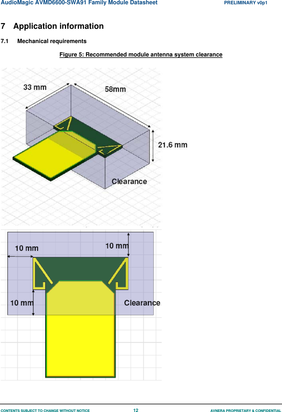 AudioMagic AVMD6600-SWA91 Family Module Datasheet  PRELIMINARY v0p1 CONTENTS SUBJECT TO CHANGE WITHOUT NOTICE  12  AVNERA PROPRIETARY &amp; CONFIDENTIAL 7 Application information 7.1 Mechanical requirements Figure 5: Recommended module antenna system clearance    