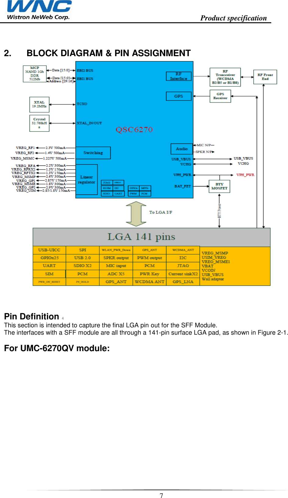                                                                    Product specification    7  2.  BLOCK DIAGRAM &amp; PIN ASSIGNMENT   Pin Definition 4 This section is intended to capture the final LGA pin out for the SFF Module. The interfaces with a SFF module are all through a 141-pin surface LGA pad, as shown in Figure 2-1.   For UMC-6270QV module:  