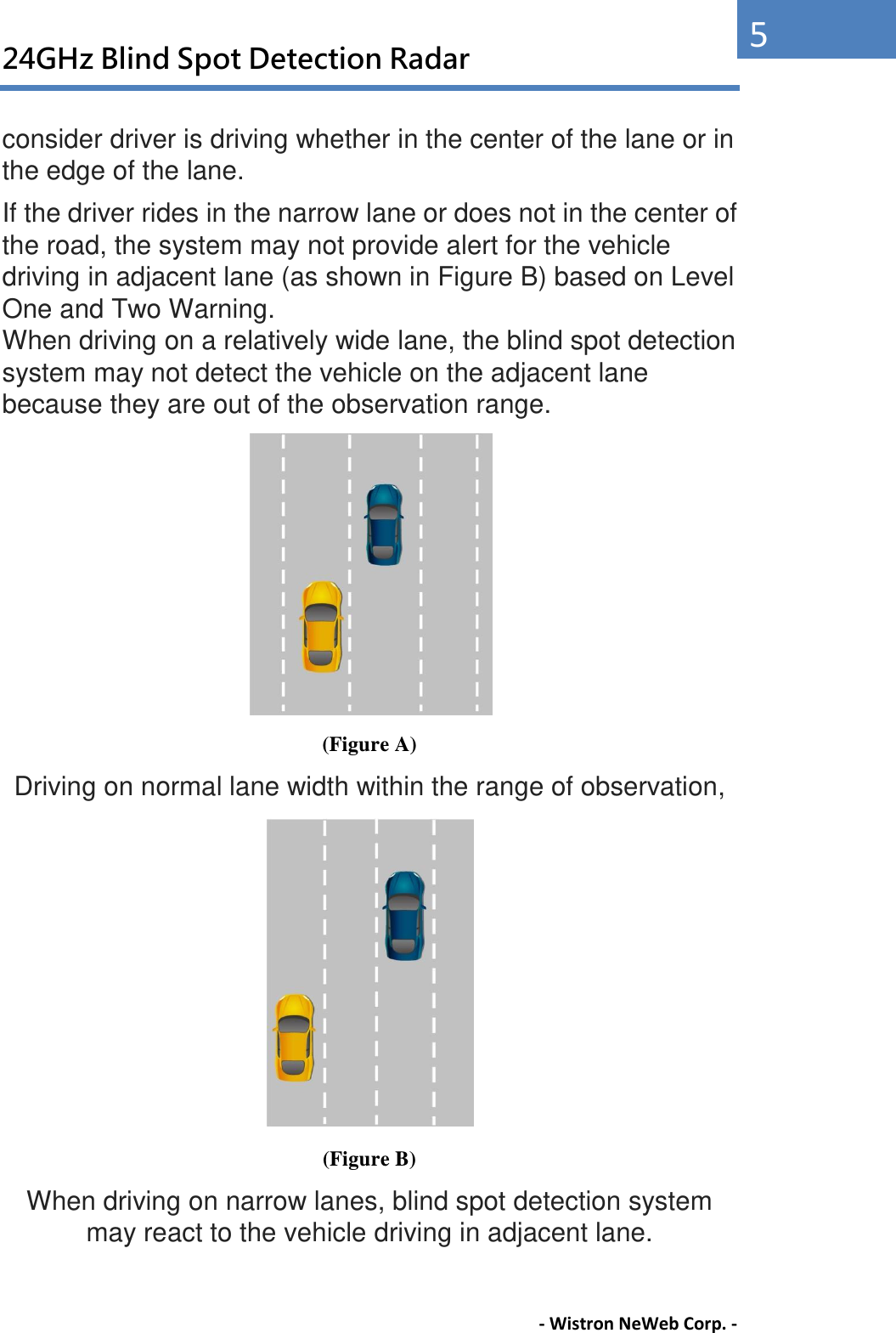 24GHz Blind Spot Detection Radar - Wistron NeWeb Corp. - 5 consider driver is driving whether in the center of the lane or in the edge of the lane. If the driver rides in the narrow lane or does not in the center of the road, the system may not provide alert for the vehicle driving in adjacent lane (as shown in Figure B) based on Level One and Two Warning. When driving on a relatively wide lane, the blind spot detection system may not detect the vehicle on the adjacent lane because they are out of the observation range.    (Figure A) Driving on normal lane width within the range of observation,  (Figure B) When driving on narrow lanes, blind spot detection system may react to the vehicle driving in adjacent lane. 