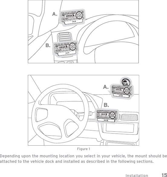 Installation 15Depending upon the mounting location you select in your vehicle, the mount should be attached to the vehicle dock and installed as described in the following sections.A.B.A.B.Figure 1