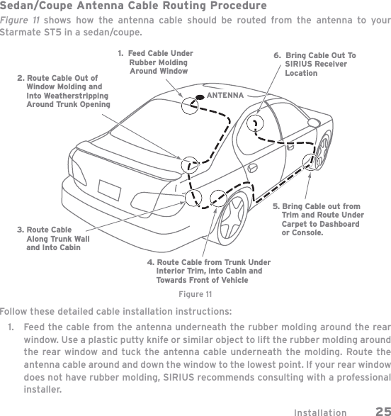 Installation 25Sedan /Coupe Antenna Cable Routing ProcedureFigure 11 shows how the antenna cable should be routed from the antenna to your Starmate ST5 in a sedan/coupe.Follow these detailed cable installation instructions:Feed the cable from the antenna underneath the rubber molding around the rear window. Use a plastic putty knife or similar object to lift the rubber molding around the rear window and tuck the antenna cable underneath the molding. Route the antenna cable around and down the window to the lowest point. If your rear window does not have rubber molding, SIRIUS recommends consulting with a professional installer.1.1.  Feed Cable UnderRubber Molding     Around Window4. Route Cable from Trunk Under    Interior Trim, into Cabin and    Towards Front of Vehicle6.  Bring Cable Out To     SIRIUS ReceiverLocation5. Bring Cable out from    Trim and Route Under    Carpet to Dashboard    or Console.2. Route Cable Out of    Window Molding and     Into Weatherstripping    Around Trunk Opening3. Route Cable    Along Trunk Wall    and Into CabinANTENNAFigure 11