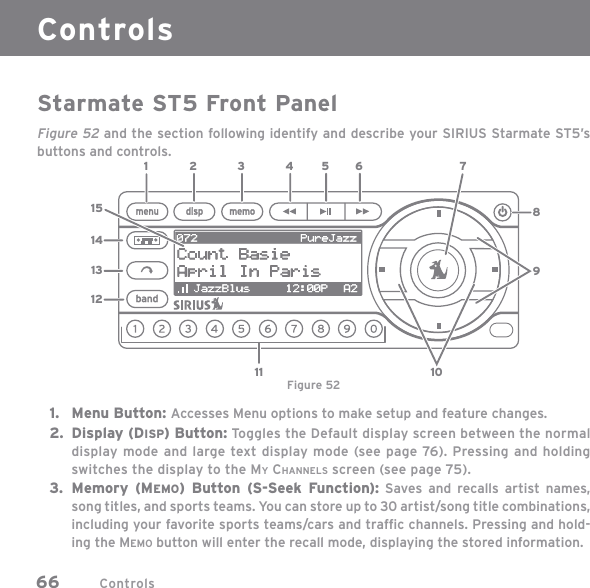 Controls66Starmate ST5 Front PanelFigure 52 and the section following identify and describe your SIRIUS Starmate ST5’s buttons and controls.Menu Button: Accesses Menu options to make setup and feature changes.Display (DISP) Button: Toggles the Default display screen between the normal display mode and large text display mode (see page 76). Pressing and holding switches the display to the MY CHANNELS screen (see page 75).Memory (MEMO) Button (S-Seek Function): Saves and recalls artist names, song titles, and sports teams. You can store up to 30 artist/song title combinations, including your favorite sports teams/cars and trafﬁ c channels. Pressing and hold-ing the MEMO button will enter the recall mode, displaying the stored information.1.2.3.14155432 6 711089111312Figure 52Controls
