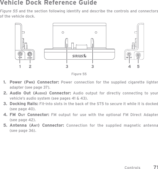 Controls  71Vehicle Dock Reference GuideFigure 55 and the  section following identify and describe the controls and connectors of the vehicle dock.Power (PWR) Connector: Power connection for the supplied cigarette lighter adapter (see page 37).Audio Out (AUDIO) Connector: Audio output for directly connecting to your vehicle’s audio system (see pages 41 &amp; 43).Docking Rails: Fit-into slots in the back of the ST5 to secure it while it is docked (see page 40).FM OUT Connector: FM output for use with the optional FM Direct Adapter (see page 42).Antenna (ANT) Connector: Connection for the supplied magnetic antenna(see page 36).1.2.3.4.5.AUDIOPWR FM OUT ANT1 2 433 5Figure 55