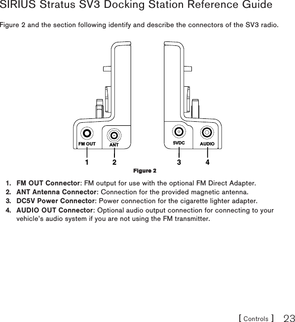 [ Controls ] 23SIRIUS Stratus SV3 Docking Station Reference GuideFigure 2 and the section following identify and describe the connectors of the SV3 radio.1 2 3 4FM OUT ANT AUDIO5VDCFM OUT Connector: FM output for use with the optional FM Direct Adapter.ANT Antenna Connector: Connection for the provided magnetic antenna.DC5V Power Connector: Power connection for the cigarette lighter adapter.AUDIO OUT Connector: Optional audio output connection for connecting to your vehicle’s audio system if you are not using the FM transmitter.1.2.3.4.Figure 2Figure 2