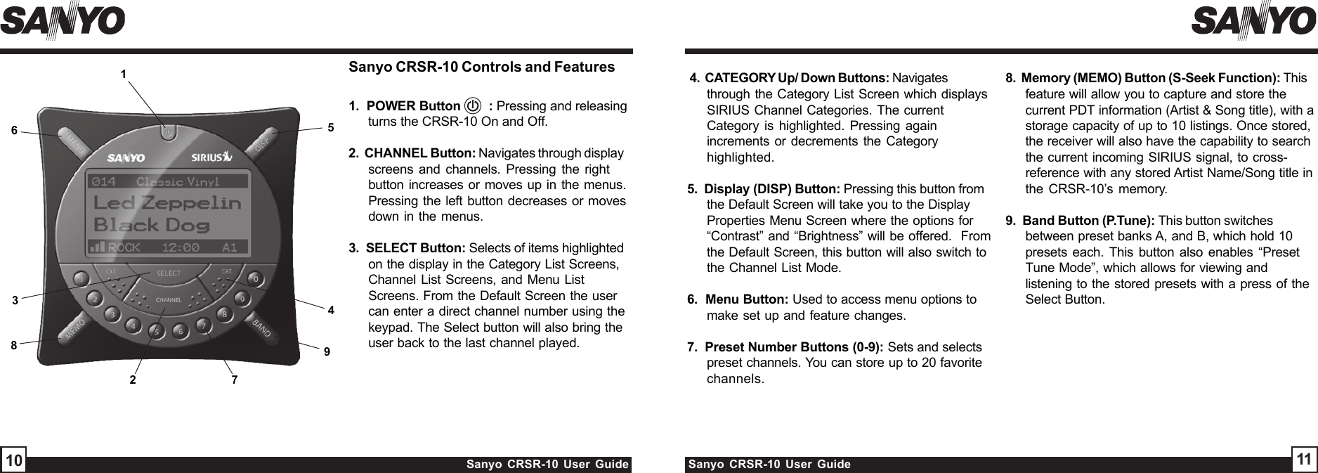 Sanyo CRSR-10 User Guide Sanyo CRSR-10 User Guide 1110Sanyo CRSR-10 Controls and Features1.  POWER Button    : Pressing and releasingturns the CRSR-10 On and Off.2.  CHANNEL Button: Navigates through displayscreens and channels. Pressing the rightbutton increases or moves up in the menus.Pressing the left button decreases or movesdown in the menus.3.  SELECT Button: Selects of items highlightedon the display in the Category List Screens,Channel List Screens, and Menu ListScreens. From the Default Screen the usercan enter a direct channel number using thekeypad. The Select button will also bring theuser back to the last channel played.1234567898.  Memory (MEMO) Button (S-Seek Function): Thisfeature will allow you to capture and store thecurrent PDT information (Artist &amp; Song title), with astorage capacity of up to 10 listings. Once stored,the receiver will also have the capability to searchthe current incoming SIRIUS signal, to cross-reference with any stored Artist Name/Song title inthe CRSR-10’s memory.9.  Band Button (P.Tune): This button switchesbetween preset banks A, and B, which hold 10presets each. This button also enables “PresetTune Mode”, which allows for viewing andlistening to the stored presets with a press of theSelect Button. 4.  CATEGORY Up/ Down Buttons: Navigatesthrough the Category List Screen which displaysSIRIUS Channel Categories. The currentCategory is highlighted. Pressing againincrements or decrements the Categoryhighlighted.5.  Display (DISP) Button: Pressing this button fromthe Default Screen will take you to the DisplayProperties Menu Screen where the options for“Contrast” and “Brightness” will be offered.  Fromthe Default Screen, this button will also switch tothe Channel List Mode.6.  Menu Button: Used to access menu options tomake set up and feature changes.7.  Preset Number Buttons (0-9): Sets and selectspreset channels. You can store up to 20 favoritechannels.