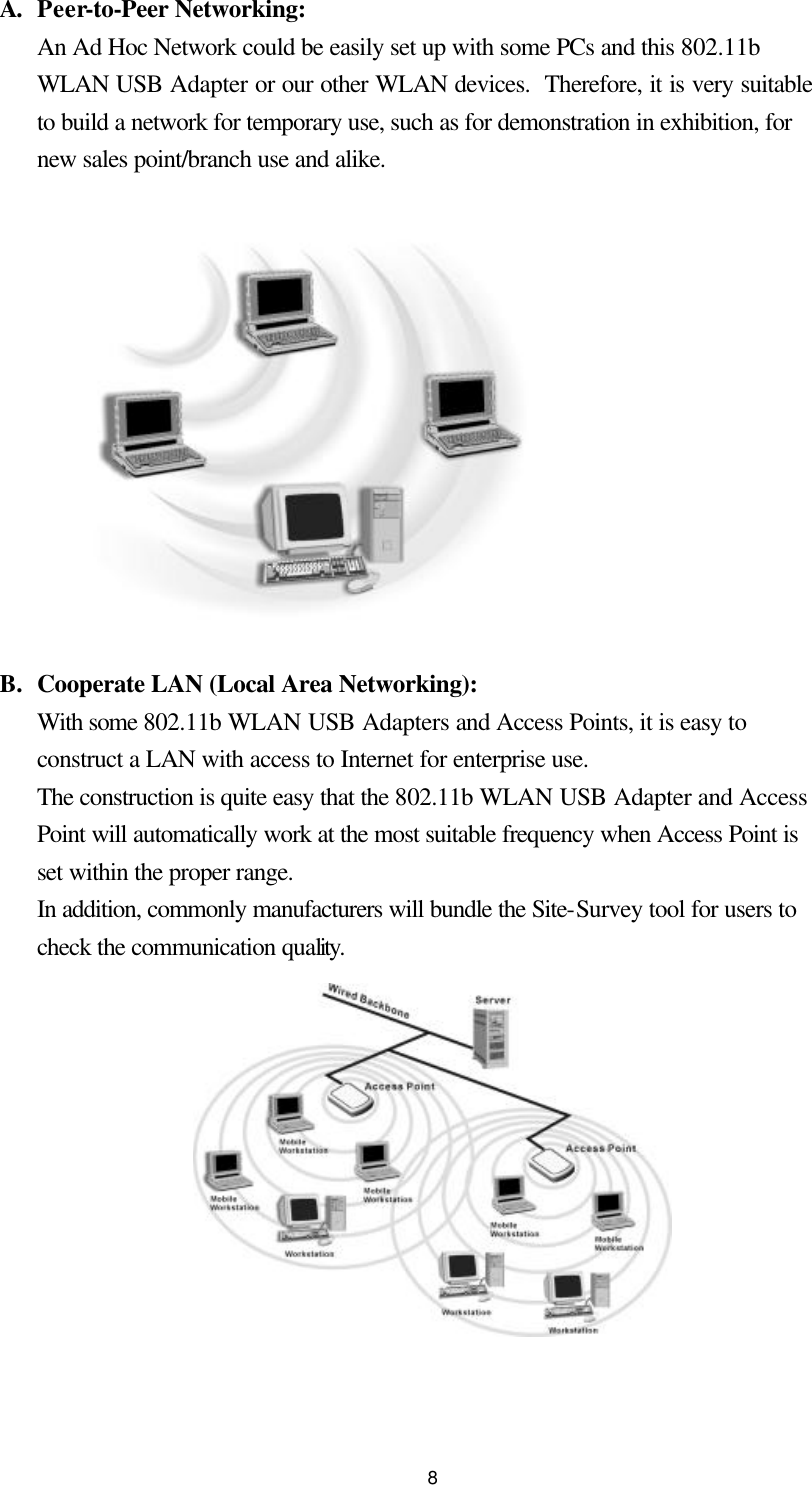  8A. Peer-to-Peer Networking: An Ad Hoc Network could be easily set up with some PCs and this 802.11b WLAN USB Adapter or our other WLAN devices.  Therefore, it is very suitable to build a network for temporary use, such as for demonstration in exhibition, for new sales point/branch use and alike.              B. Cooperate LAN (Local Area Networking): With some 802.11b WLAN USB Adapters and Access Points, it is easy to construct a LAN with access to Internet for enterprise use. The construction is quite easy that the 802.11b WLAN USB Adapter and Access Point will automatically work at the most suitable frequency when Access Point is set within the proper range. In addition, commonly manufacturers will bundle the Site-Survey tool for users to check the communication quality.             