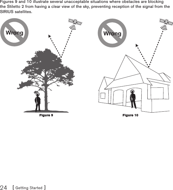 [ Getting Started ]24Figures 9 and 10 illustrate several unacceptable situations where obstacles are blocking the Stiletto 2 from having a clear view of the sky, preventing reception of the signal from the SIRIUS satellites.Figure 9Figure 9Figure 10Figure 10