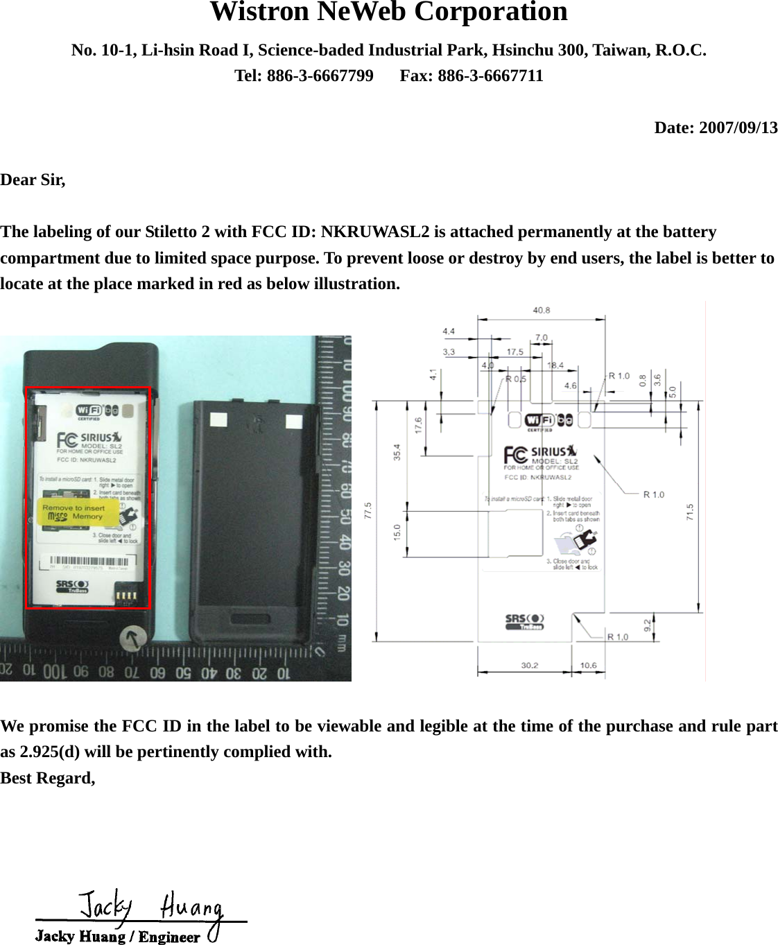Wistron NeWeb UWASL2 STILETTO 2 User Manual FCC Labeling Proposal