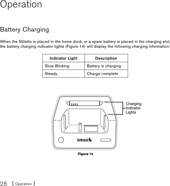 [ Operation ]28OperationBattery ChargingWhen the Stiletto is placed in the home dock, or a spare battery is placed in the charging slot, the battery charging indicator lights (Figure 14) will display the following charging information:Indicator Light DescriptionSlow Blinking Battery is chargingSteady Charge completeChargingIndicatorLightsFigure 14Figure 14