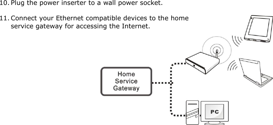 10. Plug the power inserter to a wall power socket.  11. Connect your Ethernet compatible devices to the home service gateway for accessing the Internet.       