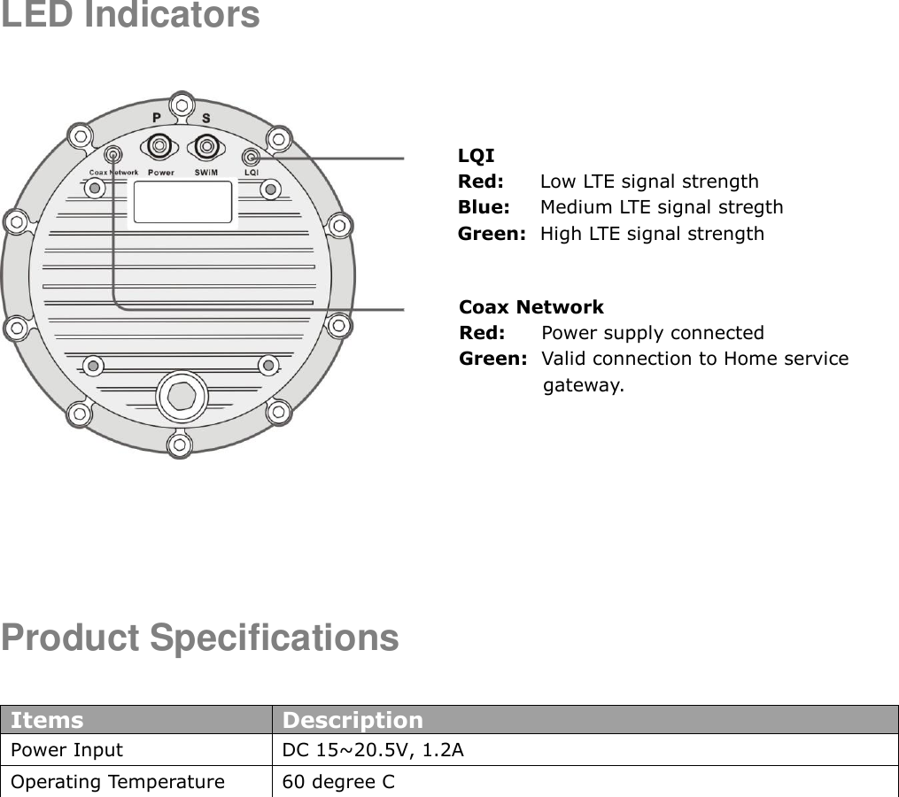 LED Indicators        Product Specifications    Items Description Power Input DC 15~20.5V, 1.2A Operating Temperature 60 degree C LQI Red:    Low LTE signal strength Blue:  Medium LTE signal stregth Green:  High LTE signal strength   Coax Network Red:   Power supply connected Green:  Valid connection to Home service gateway.   