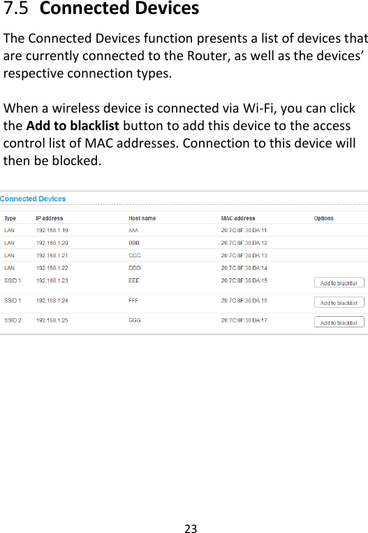  23   7.5   Connected Devices The Connected Devices function presents a list of devices that are currently connected to the Router, as well as the devices’ respective connection types.    When a wireless device is connected via Wi-Fi, you can click the Add to blacklist button to add this device to the access control list of MAC addresses. Connection to this device will then be blocked.      