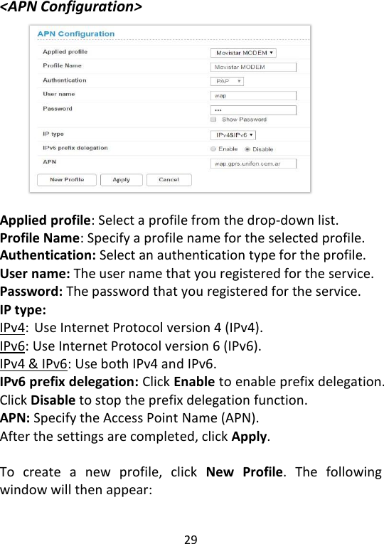  29   &lt;APN Configuration&gt;            Applied profile: Select a profile from the drop-down list. Profile Name: Specify a profile name for the selected profile.   Authentication: Select an authentication type for the profile.   User name: The user name that you registered for the service. Password: The password that you registered for the service. IP type: IPv4: Use Internet Protocol version 4 (IPv4). IPv6: Use Internet Protocol version 6 (IPv6). IPv4 &amp; IPv6: Use both IPv4 and IPv6. IPv6 prefix delegation: Click Enable to enable prefix delegation. Click Disable to stop the prefix delegation function. APN: Specify the Access Point Name (APN).   After the settings are completed, click Apply.  To  create  a  new  profile,  click  New  Profile.  The  following window will then appear:    