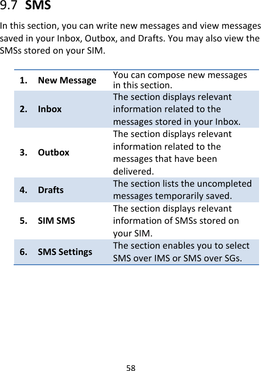  58   9.7  SMS In this section, you can write new messages and view messages saved in your Inbox, Outbox, and Drafts. You may also view the SMSs stored on your SIM.    1. New Message You can compose new messages in this section. 2. Inbox The section displays relevant information related to the messages stored in your Inbox. 3. Outbox The section displays relevant information related to the messages that have been delivered.   4. Drafts The section lists the uncompleted messages temporarily saved.   5. SIM SMS The section displays relevant information of SMSs stored on your SIM. 6. SMS Settings   The section enables you to select SMS over IMS or SMS over SGs.       