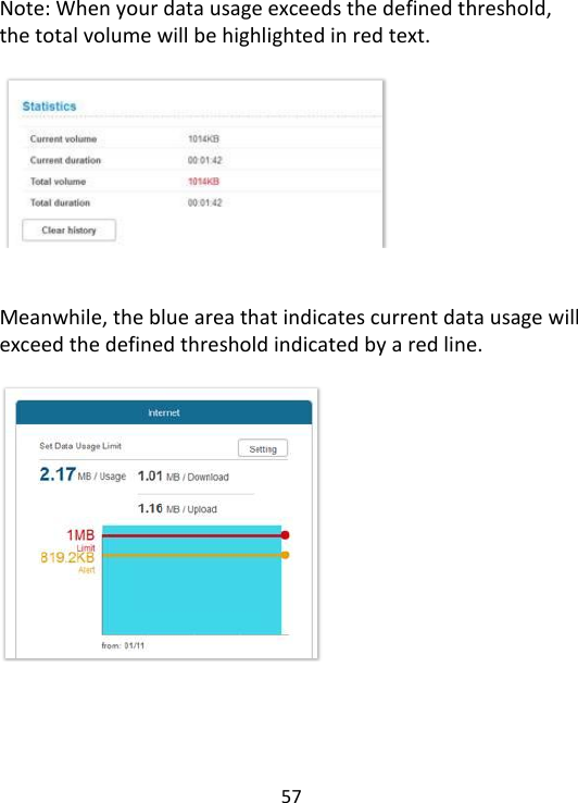  57    Note: When your data usage exceeds the defined threshold, the total volume will be highlighted in red text.       Meanwhile, the blue area that indicates current data usage will exceed the defined threshold indicated by a red line.      