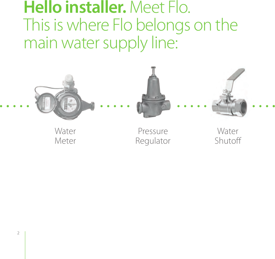2WaterMeterPressureRegulatorWaterShutoﬀHello installer. Meet Flo.This is where Flo belongs on the main water supply line: