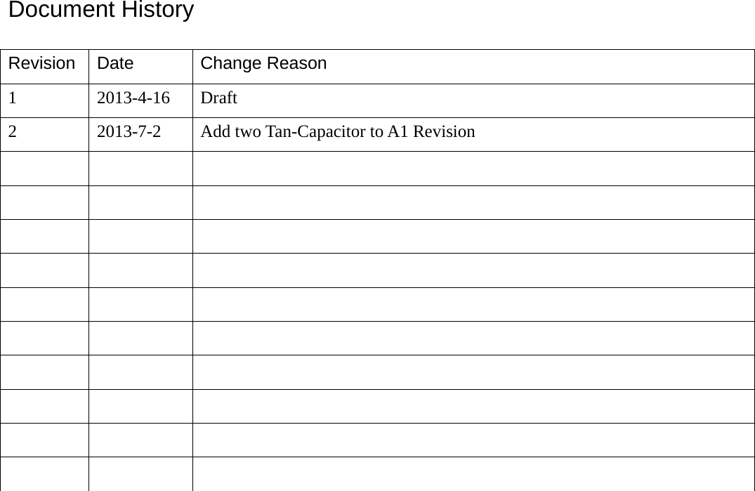 Document History         Revision Date  Change Reason 1 2013-4-16 Draft 2 2013-7-2 Add two Tan-Capacitor to A1 Revision                                         