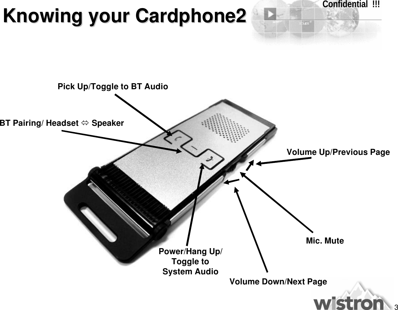 3Confidential  !!! Knowing your Cardphone2Knowing your Cardphone2Pick Up/Toggle to BT AudioBT Pairing/ Headset óSpeakerPower/Hang Up/ Toggle to System AudioVolume Up/Previous PageMic. MuteVolume Down/Next Page