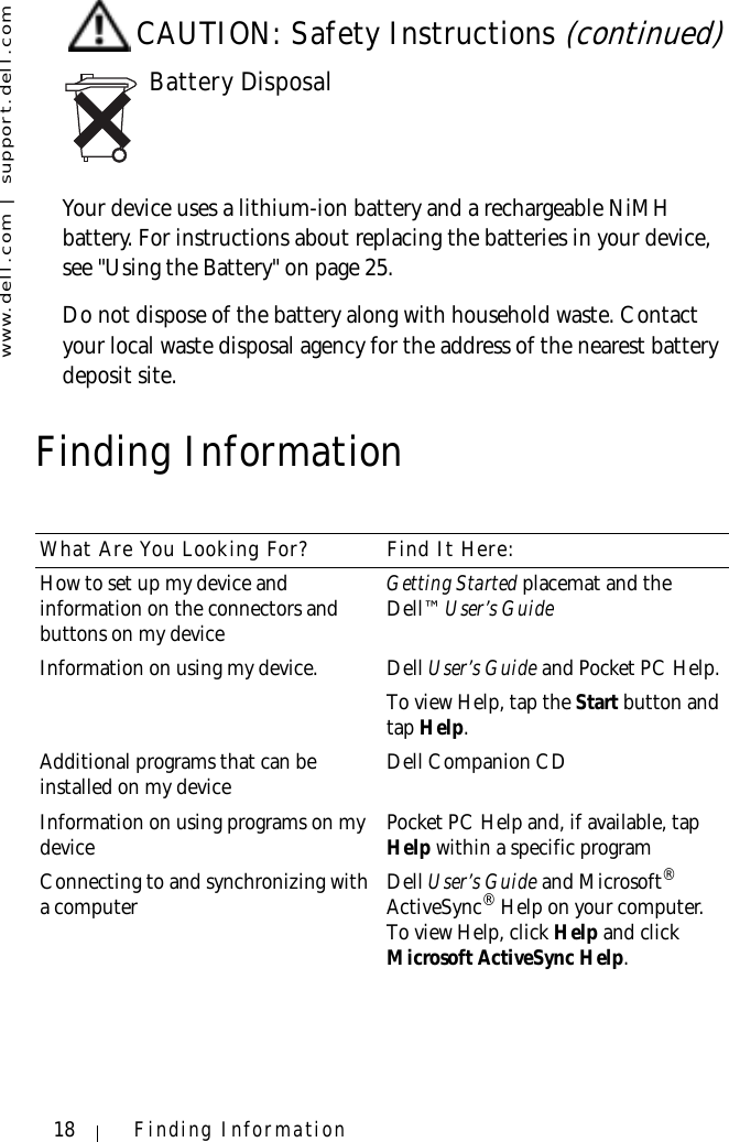 www.dell.com | support.dell.com18 Finding InformationFinding InformationBattery DisposalYour device uses a lithium-ion battery and a rechargeable NiMH battery. For instructions about replacing the batteries in your device, see &quot;Using the Battery&quot; on page 25. Do not dispose of the battery along with household waste. Contact your local waste disposal agency for the address of the nearest battery deposit site.What Are You Looking For? Find It Here:How to set up my device and information on the connectors and buttons on my deviceGetting Started placemat and the Dell™ User’s GuideInformation on using my device. Dell User’s Guide and Pocket PC Help.To view Help, tap the Start button and tap Help.Additional programs that can be installed on my device Dell Companion CDInformation on using programs on my device Pocket PC Help and, if available, tap Help within a specific programConnecting to and synchronizing with a computer Dell User’s Guide and Microsoft® ActiveSync® Help on your computer. To view Help, click Help and click Microsoft ActiveSync Help.CAUTION: Safety Instructions (continued)