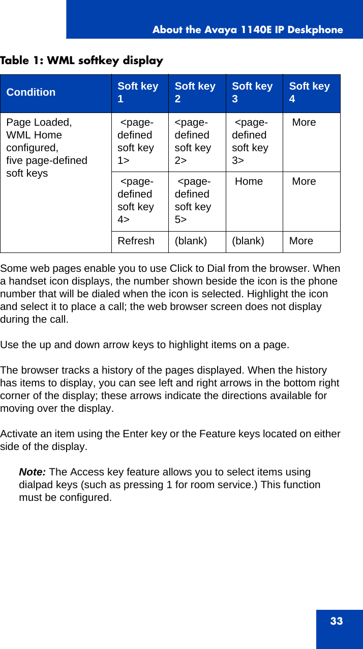 About the Avaya 1140E IP Deskphone33Some web pages enable you to use Click to Dial from the browser. When a handset icon displays, the number shown beside the icon is the phone number that will be dialed when the icon is selected. Highlight the icon and select it to place a call; the web browser screen does not display during the call.Use the up and down arrow keys to highlight items on a page.The browser tracks a history of the pages displayed. When the history has items to display, you can see left and right arrows in the bottom right corner of the display; these arrows indicate the directions available for moving over the display. Activate an item using the Enter key or the Feature keys located on either side of the display.Note: The Access key feature allows you to select items using dialpad keys (such as pressing 1 for room service.) This function must be configured.Page Loaded, WML Home configured, five page-defined soft keys  &lt;page-defined soft key 1&gt;&lt;page-defined soft key 2&gt; &lt;page-defined soft key 3&gt; More &lt;page-defined soft key 4&gt; &lt;page-defined soft key 5&gt; Home  MoreRefresh (blank) (blank) MoreTable 1: WML softkey displayCondition Soft key 1Soft key 2Soft key 3Soft key 4