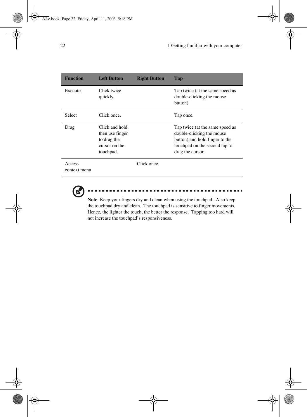  1 Getting familiar with your computer22 Note: Keep your fingers dry and clean when using the touchpad.  Also keep the touchpad dry and clean.  The touchpad is sensitive to finger movements.  Hence, the lighter the touch, the better the response.  Tapping too hard will not increase the touchpad’s responsiveness.  Function Left Button Right Button TapExecute Click twice quickly.Tap twice (at the same speed as double-clicking the mouse button).Select Click once. Tap once.Drag Click and hold, then use finger to drag the cursor on the touchpad.Tap twice (at the same speed as double-clicking the mouse button) and hold finger to the touchpad on the second tap to drag the cursor.Access context menuClick once.AJ-e.book  Page 22  Friday, April 11, 2003  5:18 PM