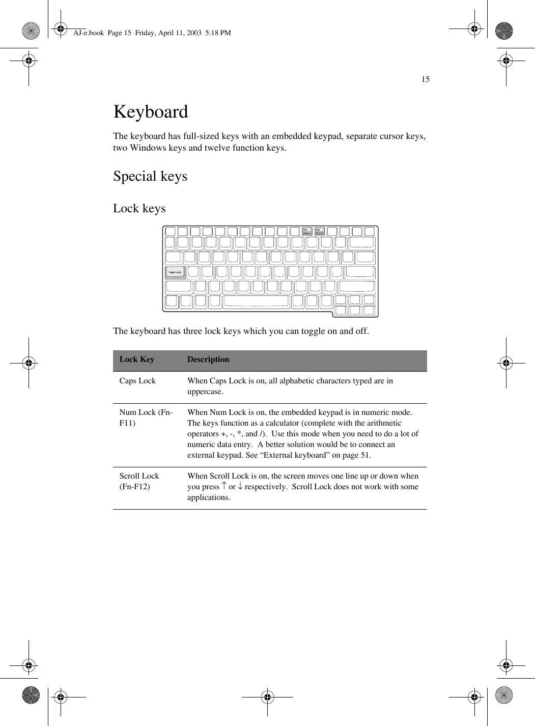 15KeyboardThe keyboard has full-sized keys with an embedded keypad, separate cursor keys, two Windows keys and twelve function keys.Special keysLock keysThe keyboard has three lock keys which you can toggle on and off.Lock Key DescriptionCaps Lock When Caps Lock is on, all alphabetic characters typed are in uppercase.Num Lock (Fn-F11)When Num Lock is on, the embedded keypad is in numeric mode.  The keys function as a calculator (complete with the arithmetic operators +, -, *, and /).  Use this mode when you need to do a lot of numeric data entry.  A better solution would be to connect an external keypad. See “External keyboard” on page 51.Scroll Lock (Fn-F12)When Scroll Lock is on, the screen moves one line up or down when you press ↑ or ↓ respectively.  Scroll Lock does not work with some applications.AJ-e.book  Page 15  Friday, April 11, 2003  5:18 PM