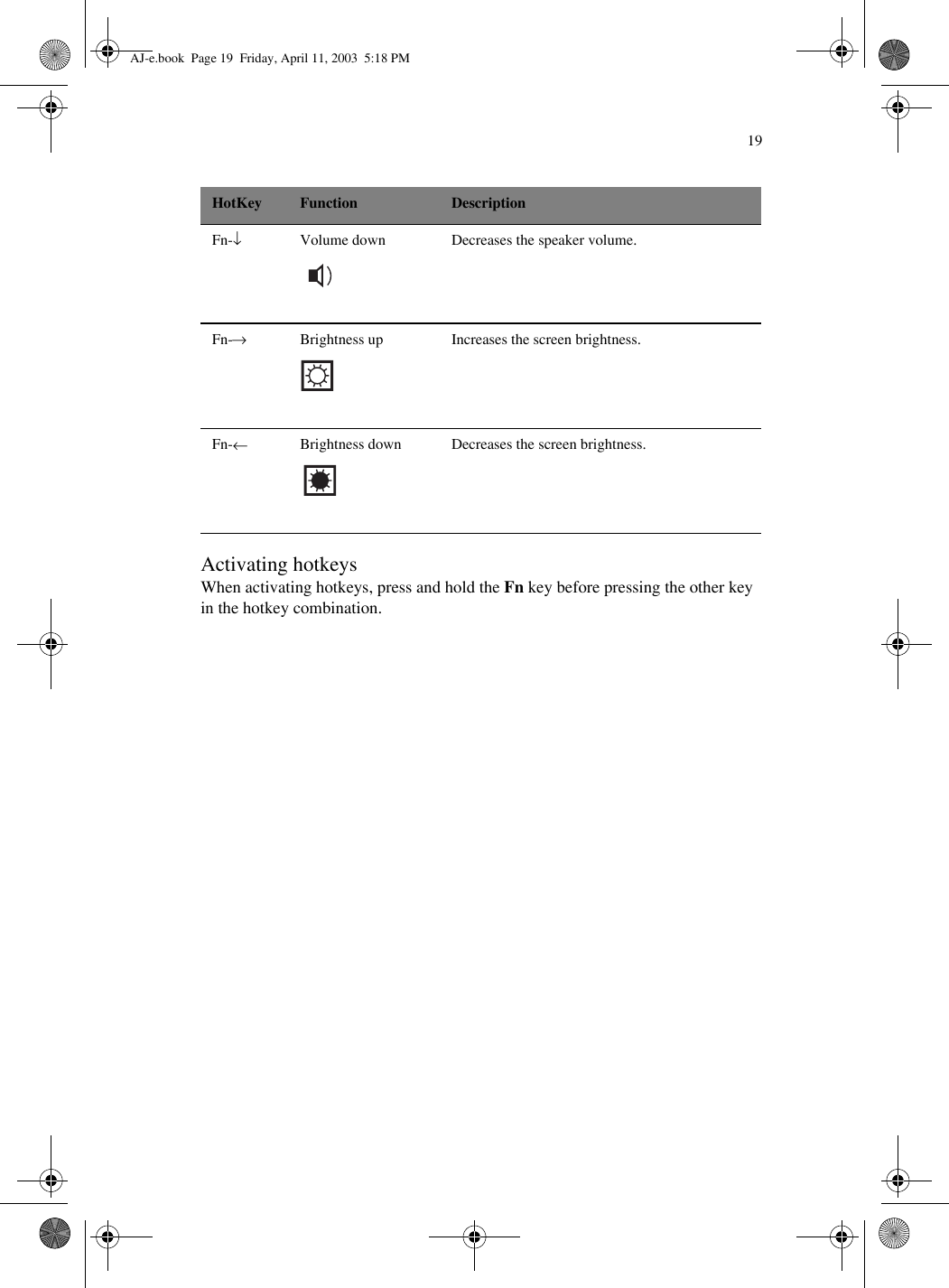 19Activating hotkeysWhen activating hotkeys, press and hold the Fn key before pressing the other key in the hotkey combination.Fn-↓Volume down Decreases the speaker volume.Fn-→Brightness up Increases the screen brightness.Fn-←Brightness down Decreases the screen brightness.HotKey Function DescriptionAJ-e.book  Page 19  Friday, April 11, 2003  5:18 PM