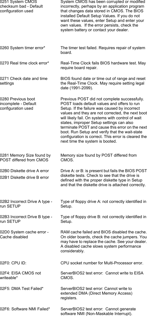 0251 System CMOS checksum bad - Default configuration used  System CMOS has been corrupted or modified incorrectly, perhaps by an application program that changes data stored in CMOS. The BIOS installed Default Setup Values. If you do not want these values, enter Setup and enter your own values.  If the error persists, check the system battery or contact your dealer.  0260 System timer error*   The timer test failed. Requires repair of system board. 0270 Real time clock error*  Real-Time Clock fails BIOS hardware test. May require board repair. 0271 Check date and time settings BIOS found date or time out of range and reset the Real-Time Clock. May require setting legal date (1991-2099). 0280 Previous boot incomplete - Default configuration used  Previous POST did not complete successfully. POST loads default values and offers to run Setup. If the failure was caused by incorrect values and they are not corrected, the next boot will likely fail. On systems with control of wait states, improper Setup settings can also terminate POST and cause this error on the next boot. Run Setup and verify that the wait-state configuration is correct. This error is cleared the next time the system is booted. 0281 Memory Size found by POST differed from CMOS Memory size found by POST differed from CMOS. 02B0 Diskette drive A error 02B1 Diskette drive B error  Drive A: or B: is present but fails the BIOS POST diskette tests. Check to see that the drive is defined with the proper diskette type in Setup and that the diskette drive is attached correctly. 02B2 Incorrect Drive A type - run SETUP Type of floppy drive A: not correctly identified in Setup.  02B3 Incorrect Drive B type - run SETUP  Type of floppy drive B: not correctly identified in Setup. 02D0 System cache error - Cache disabled   RAM cache failed and BIOS disabled the cache. On older boards, check the cache jumpers. You may have to replace the cache. See your dealer. A disabled cache slows system performance considerably.  02F0: CPU ID:   CPU socket number for Multi-Processor error. 02F4: EISA CMOS not writeable*  ServerBIOS2 test error:  Cannot write to EISA CMOS. 02F5: DMA Test Failed*   ServerBIOS2 test error: Cannot write to extended DMA (Direct Memory Access) registers. 02F6: Software NMI Failed*   ServerBIOS2 test error:  Cannot generate software NMI (Non-Maskable Interrupt). 