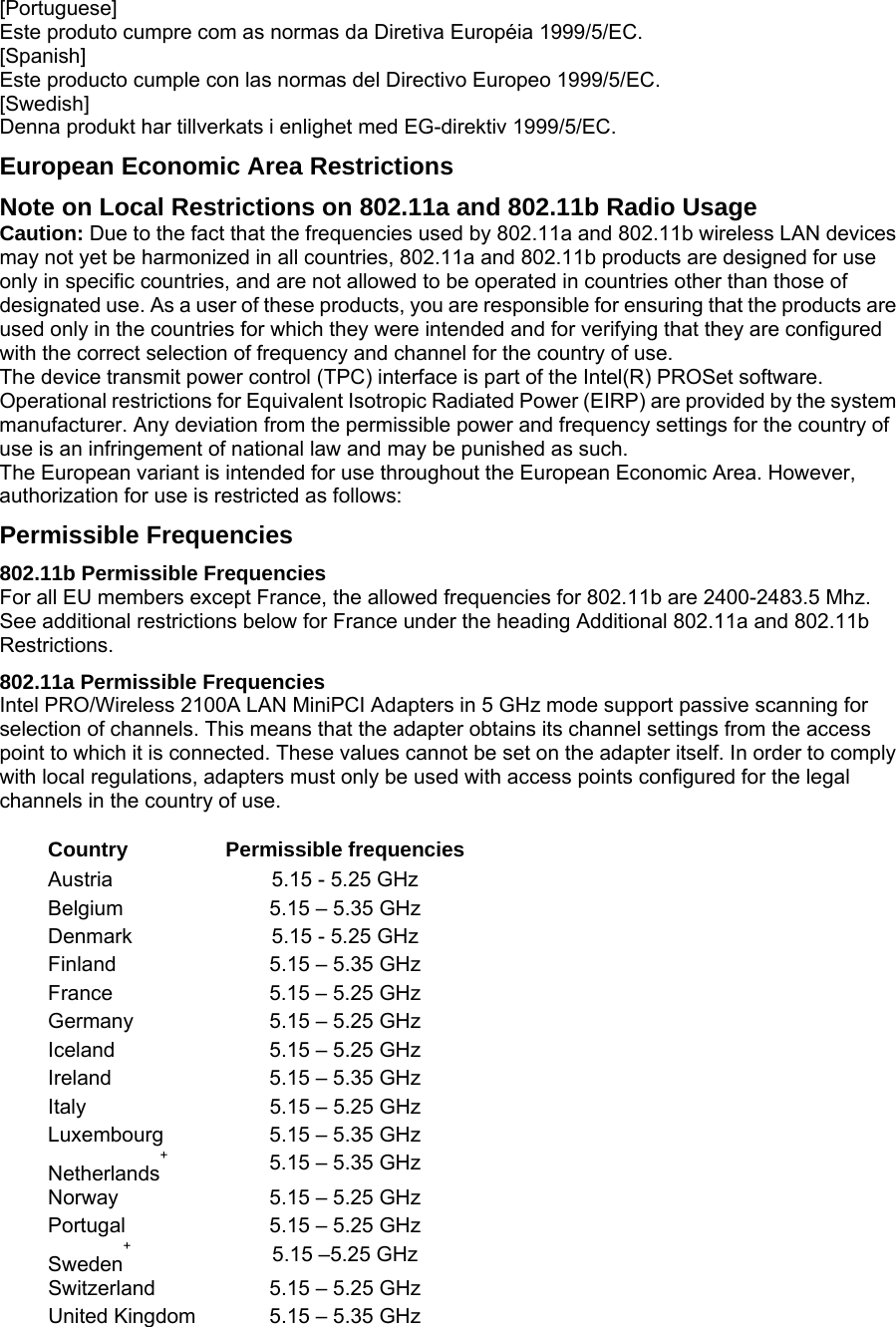 [Portuguese]  Este produto cumpre com as normas da Diretiva Européia 1999/5/EC.  [Spanish]  Este producto cumple con las normas del Directivo Europeo 1999/5/EC.  [Swedish]  Denna produkt har tillverkats i enlighet med EG-direktiv 1999/5/EC.  European Economic Area Restrictions  Note on Local Restrictions on 802.11a and 802.11b Radio Usage  Caution: Due to the fact that the frequencies used by 802.11a and 802.11b wireless LAN devices may not yet be harmonized in all countries, 802.11a and 802.11b products are designed for use only in specific countries, and are not allowed to be operated in countries other than those of designated use. As a user of these products, you are responsible for ensuring that the products are used only in the countries for which they were intended and for verifying that they are configured with the correct selection of frequency and channel for the country of use.   The device transmit power control (TPC) interface is part of the Intel(R) PROSet software. Operational restrictions for Equivalent Isotropic Radiated Power (EIRP) are provided by the system manufacturer. Any deviation from the permissible power and frequency settings for the country of use is an infringement of national law and may be punished as such.   The European variant is intended for use throughout the European Economic Area. However, authorization for use is restricted as follows:  Permissible Frequencies   802.11b Permissible Frequencies  For all EU members except France, the allowed frequencies for 802.11b are 2400-2483.5 Mhz. See additional restrictions below for France under the heading Additional 802.11a and 802.11b Restrictions.  802.11a Permissible Frequencies  Intel PRO/Wireless 2100A LAN MiniPCI Adapters in 5 GHz mode support passive scanning for selection of channels. This means that the adapter obtains its channel settings from the access point to which it is connected. These values cannot be set on the adapter itself. In order to comply with local regulations, adapters must only be used with access points configured for the legal channels in the country of use.  Country  Permissible frequencies Austria   5.15 - 5.25 GHz  Belgium   5.15 – 5.35 GHz  Denmark   5.15 - 5.25 GHz  Finland   5.15 – 5.35 GHz  France   5.15 – 5.25 GHz  Germany   5.15 – 5.25 GHz  Iceland   5.15 – 5.25 GHz  Ireland   5.15 – 5.35 GHz  Italy   5.15 – 5.25 GHz  Luxembourg   5.15 – 5.35 GHz  Netherlands+   5.15 – 5.35 GHz  Norway   5.15 – 5.25 GHz  Portugal   5.15 – 5.25 GHz  Sweden+   5.15 –5.25 GHz  Switzerland   5.15 – 5.25 GHz  United Kingdom   5.15 – 5.35 GHz  