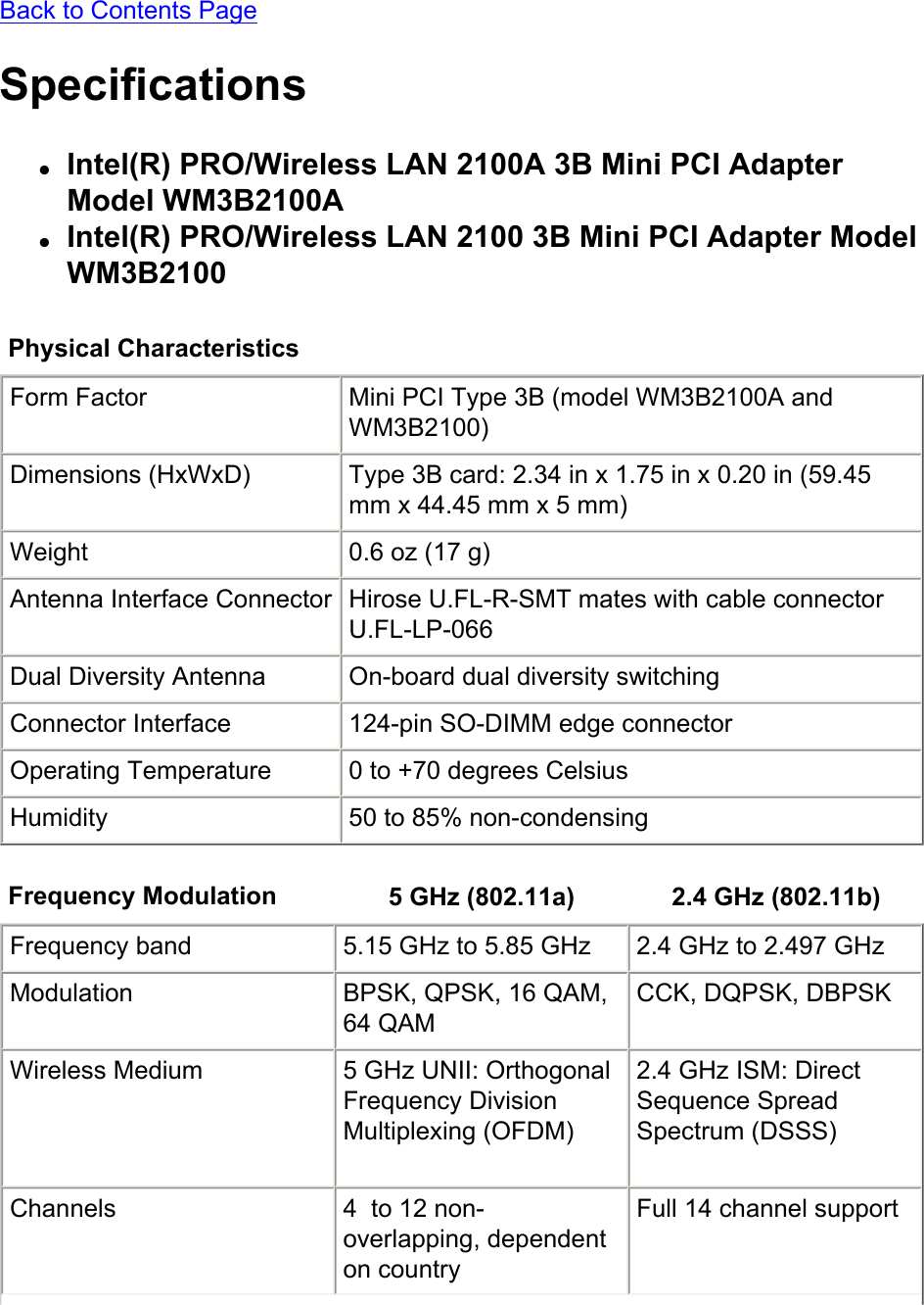 Back to Contents PageSpecifications●     Intel(R) PRO/Wireless LAN 2100A 3B Mini PCI Adapter Model WM3B2100A●     Intel(R) PRO/Wireless LAN 2100 3B Mini PCI Adapter Model WM3B2100 Physical Characteristics    Form Factor Mini PCI Type 3B (model WM3B2100A and WM3B2100) Dimensions (HxWxD) Type 3B card: 2.34 in x 1.75 in x 0.20 in (59.45 mm x 44.45 mm x 5 mm) Weight 0.6 oz (17 g) Antenna Interface Connector Hirose U.FL-R-SMT mates with cable connector U.FL-LP-066 Dual Diversity Antenna On-board dual diversity switching Connector Interface 124-pin SO-DIMM edge connector Operating Temperature 0 to +70 degrees Celsius Humidity 50 to 85% non-condensing Frequency Modulation 5 GHz (802.11a) 2.4 GHz (802.11b) Frequency band 5.15 GHz to 5.85 GHz 2.4 GHz to 2.497 GHzModulation BPSK, QPSK, 16 QAM, 64 QAMCCK, DQPSK, DBPSKWireless Medium 5 GHz UNII: Orthogonal Frequency Division Multiplexing (OFDM) 2.4 GHz ISM: Direct Sequence Spread Spectrum (DSSS)Channels 4  to 12 non-overlapping, dependent on countryFull 14 channel support