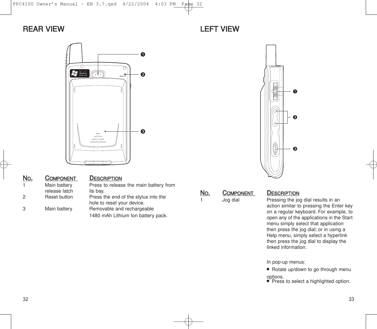 3332LLEEFFTT  VVIIEEWWNNOO..CCOOMMPPOONNEENNTTDDEESSCCRRIIPPTTIIOONN1 Jog dial Pressing the jog dial results in an action similar to pressing the Enter keyon a regular keyboard. For example, toopen any of the applications in the Startmenu simply select that application then press the jog dial; or in using a Help menu, simply select a hyperlink then press the jog dial to display the linked information.In pop-up menus:  Rotate up/down to go through menu options.  Press to select a highlighted option.RREEAARR  VVIIEEWWNNOO..CCOOMMPPOONNEENNTTDDEESSCCRRIIPPTTIIOONN1  Main battery  Press to release the main battery fromrelease latch its bay.2 Reset button Press the end of the stylus into thehole to reset your device.3  Main battery Removable and rechargeable 1480 mAh Lithium Ion battery pack.PPC4100 Owner’s Manual - EN 3.7.qxd  4/22/2004  4:03 PM  Page 32