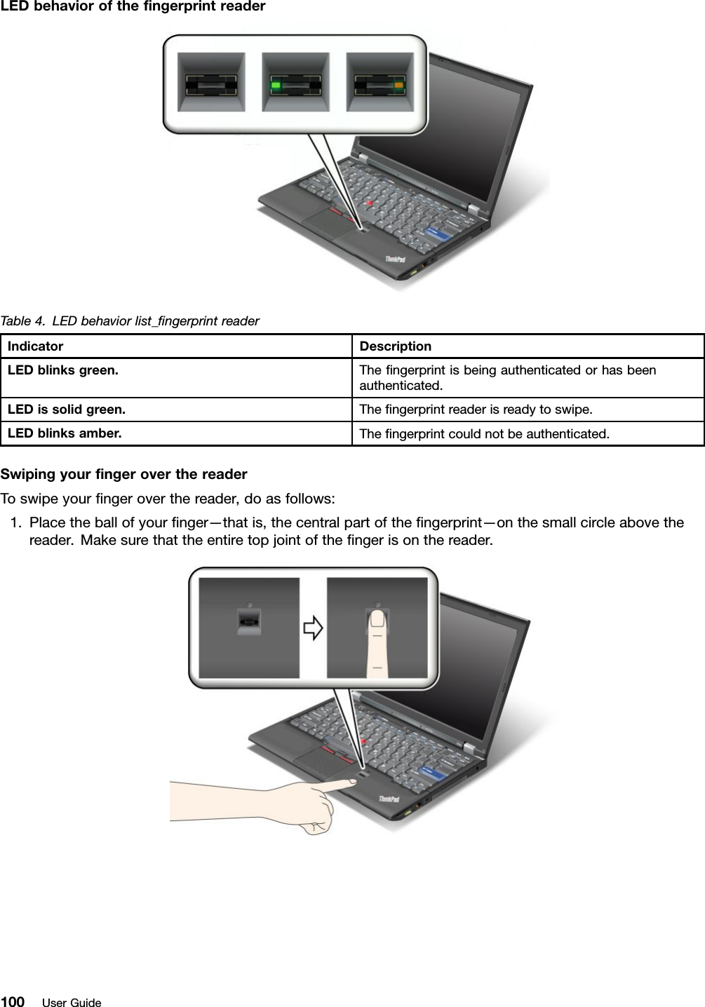 LEDbehaviorofthengerprintreaderTable4.LEDbehaviorlist_ngerprintreaderIndicatorDescriptionLEDblinksgreen.Thengerprintisbeingauthenticatedorhasbeenauthenticated.LEDissolidgreen.Thengerprintreaderisreadytoswipe.LEDblinksamber.Thengerprintcouldnotbeauthenticated.SwipingyourngeroverthereaderToswipeyourngeroverthereader,doasfollows:1.Placetheballofyournger—thatis,thecentralpartofthengerprint—onthesmallcircleabovethereader.Makesurethattheentiretopjointofthengerisonthereader.100UserGuide