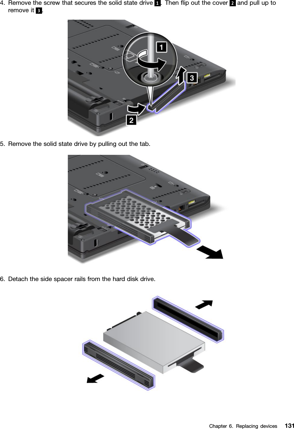 4.Removethescrewthatsecuresthesolidstatedrive1.Thenipoutthecover2andpulluptoremoveit3.5.Removethesolidstatedrivebypullingoutthetab.6.Detachthesidespacerrailsfromtheharddiskdrive.Chapter6.Replacingdevices131