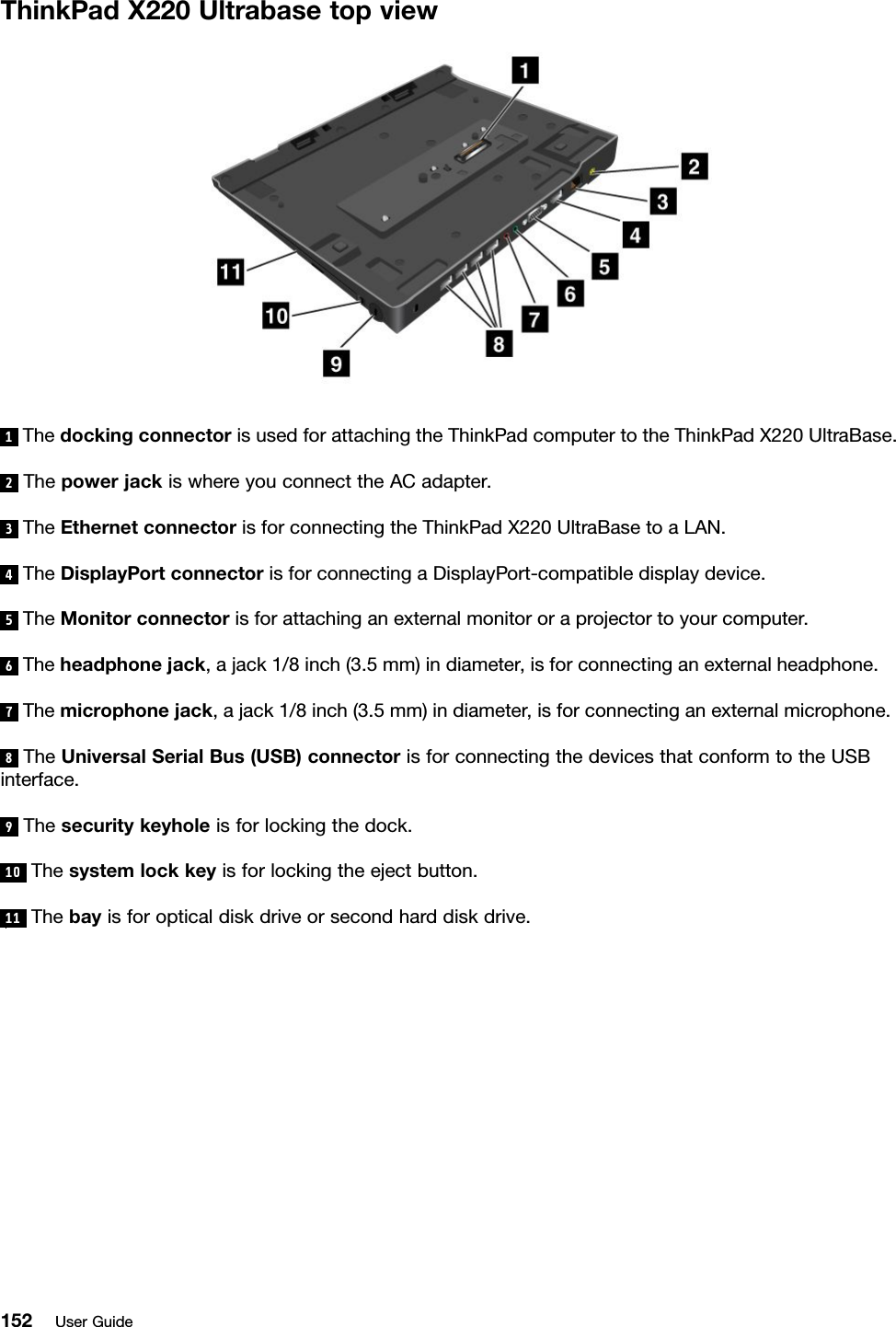 ThinkPadX220Ultrabasetopview1ThedockingconnectorisusedforattachingtheThinkPadcomputertotheThinkPadX220UltraBase.2ThepowerjackiswhereyouconnecttheACadapter.3TheEthernetconnectorisforconnectingtheThinkPadX220UltraBasetoaLAN.4TheDisplayPortconnectorisforconnectingaDisplayPort-compatibledisplaydevice.5TheMonitorconnectorisforattachinganexternalmonitororaprojectortoyourcomputer.6Theheadphonejack,ajack1/8inch(3.5mm)indiameter,isforconnectinganexternalheadphone.7Themicrophonejack,ajack1/8inch(3.5mm)indiameter,isforconnectinganexternalmicrophone.8TheUniversalSerialBus(USB)connectorisforconnectingthedevicesthatconformtotheUSBinterface.9Thesecuritykeyholeisforlockingthedock.10Thesystemlockkeyisforlockingtheejectbutton.11Thebayisforopticaldiskdriveorsecondharddiskdrive.152UserGuide