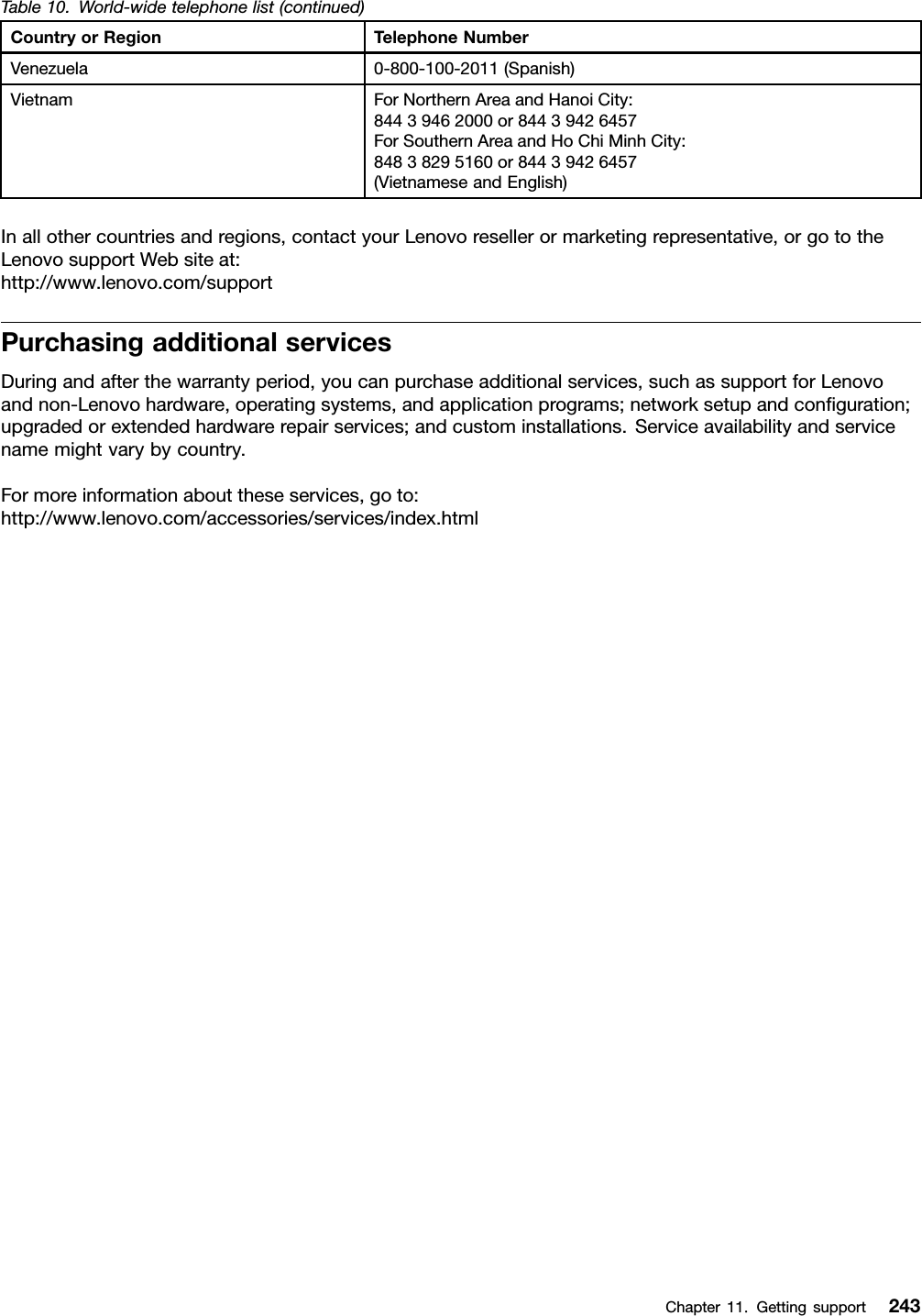 Table10.World-widetelephonelist(continued)CountryorRegionTelephoneNumberVenezuela0-800-100-2011(Spanish)VietnamForNorthernAreaandHanoiCity:84439462000or84439426457ForSouthernAreaandHoChiMinhCity:84838295160or84439426457(VietnameseandEnglish)Inallothercountriesandregions,contactyourLenovoresellerormarketingrepresentative,orgototheLenovosupportWebsiteat:http://www.lenovo.com/supportPurchasingadditionalservicesDuringandafterthewarrantyperiod,youcanpurchaseadditionalservices,suchassupportforLenovoandnon-Lenovohardware,operatingsystems,andapplicationprograms;networksetupandconguration;upgradedorextendedhardwarerepairservices;andcustominstallations.Serviceavailabilityandservicenamemightvarybycountry.Formoreinformationabouttheseservices,goto:http://www.lenovo.com/accessories/services/index.htmlChapter11.Gettingsupport243