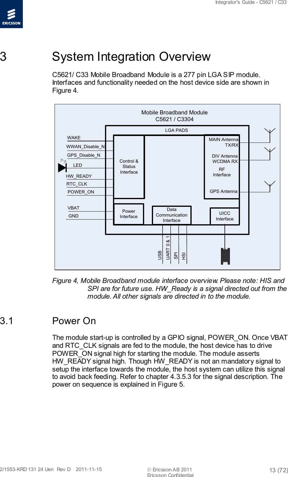  Integrator&apos;s Guide - C5621 / C33   2/1553-KRD 131 24 Uen  Rev  D    2011-11-15  Ericsson AB 2011 13 (72)  Ericsson Confidential   3  System Integration Overview C5621/ C33 Mobile Broadband Module is a 277 pin LGA SIP module. Interfaces and functionality needed on the host device side are shown in Figure 4. MAIN AntennaTX/RXDIV AntennaWCDMA RXLEDVBATGNDUSBWWAN_Disable_NWAKEGPS_Disable_NGPS AntennaUART 0 &amp; 1SPIPOWER_ONLGA PADSUICCInterfaceControl &amp; StatusInterfacePower InterfaceData Communication InterfaceHSIHW_READYRTC_CLKRF InterfaceMobile Broadband ModuleC5621 / C3304 Figure 4, Mobile Broadband module interface overview. Please note: HIS and SPI are for future use. HW_Ready is a signal directed out from the module. All other signals are directed in to the module. 3.1 Power On The module start-up is controlled by a GPIO signal, POWER_ON. Once VBAT and RTC_CLK signals are fed to the module, the host device has to drive POWER_ON signal high for starting the module. The module asserts HW_READY signal high. Though HW_READY is not an mandatory signal to setup the interface towards the module, the host system can utilize this signal to avoid back feeding. Refer to chapter 4.3.5.3 for the signal description. The power on sequence is explained in Figure 5. 