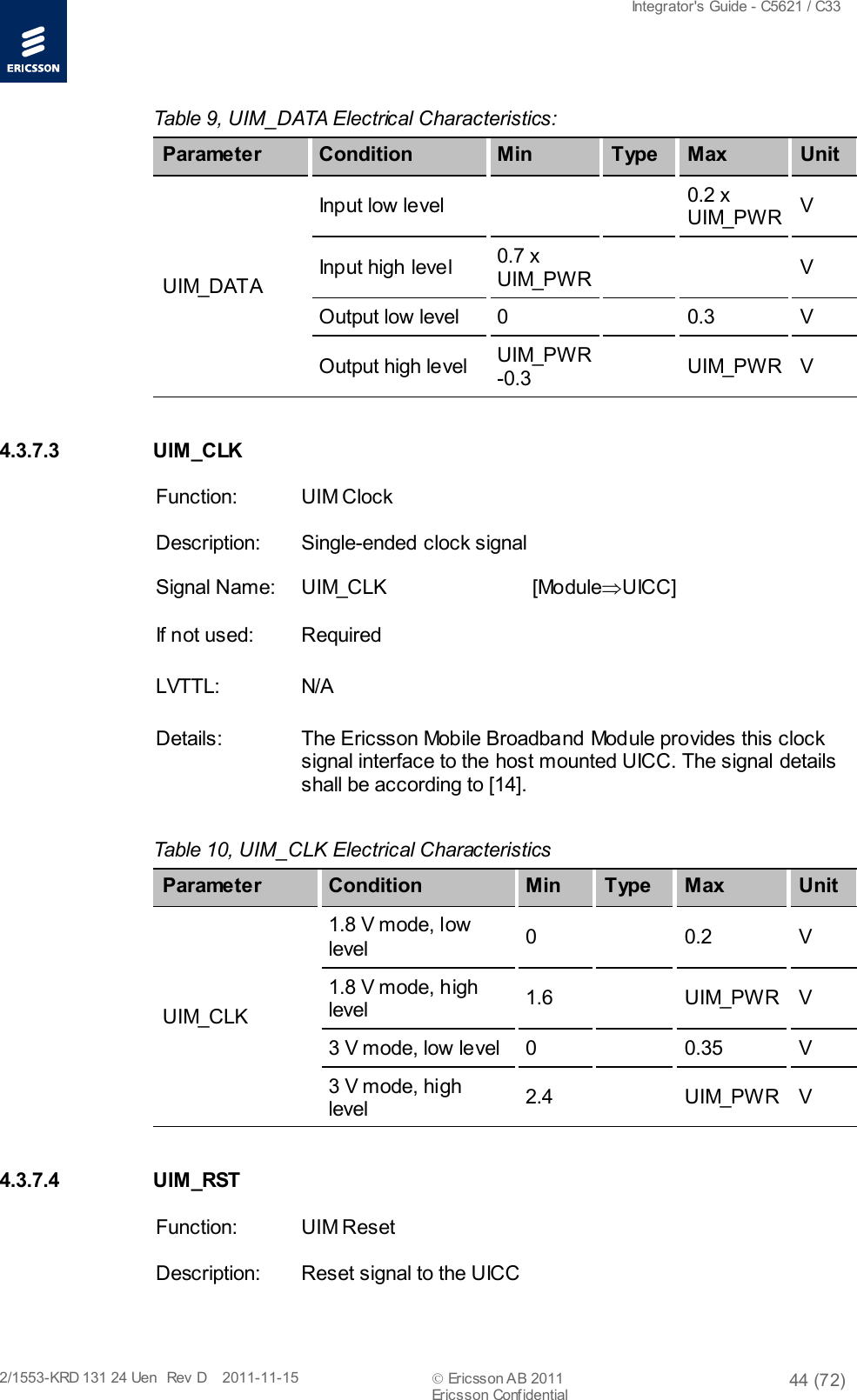  Integrator&apos;s Guide - C5621 / C33   2/1553-KRD 131 24 Uen  Rev  D    2011-11-15  Ericsson AB 2011 44 (72)  Ericsson Confidential   Table 9, UIM_DATA Electrical Characteristics: Parameter Condition Min T ype Max Unit UIM_DATA Input low level      0.2 x UIM_PW R V Input high level 0.7 x UIM_PW R     V Output low level  0    0.3  V Output high level U IM_PW R -0.3  U IM_PW R  V 4.3.7.3 UIM_CLK Function: UIM Clock Description: Single-ended clock signal Signal Name: UIM_CLK     [Module⇒UICC] If not used: Required LVTTL: N/A Details: The Ericsson Mobile Broadband Module provides this clock signal interface to the host mounted UICC. The signal details shall be according to [14].  Table 10, UIM_CLK Electrical Characteristics Parameter Condition Min T ype Max Unit UIM_CLK 1.8 V mode, low level 0    0.2  V 1.8 V mode, high level 1.6    UIM_PW R  V 3 V mode, low level  0    0.35  V 3 V mode, high level 2.4    UIM_PW R  V 4.3.7.4 UIM_RST Function: UIM Reset Description: Reset signal to the UICC 