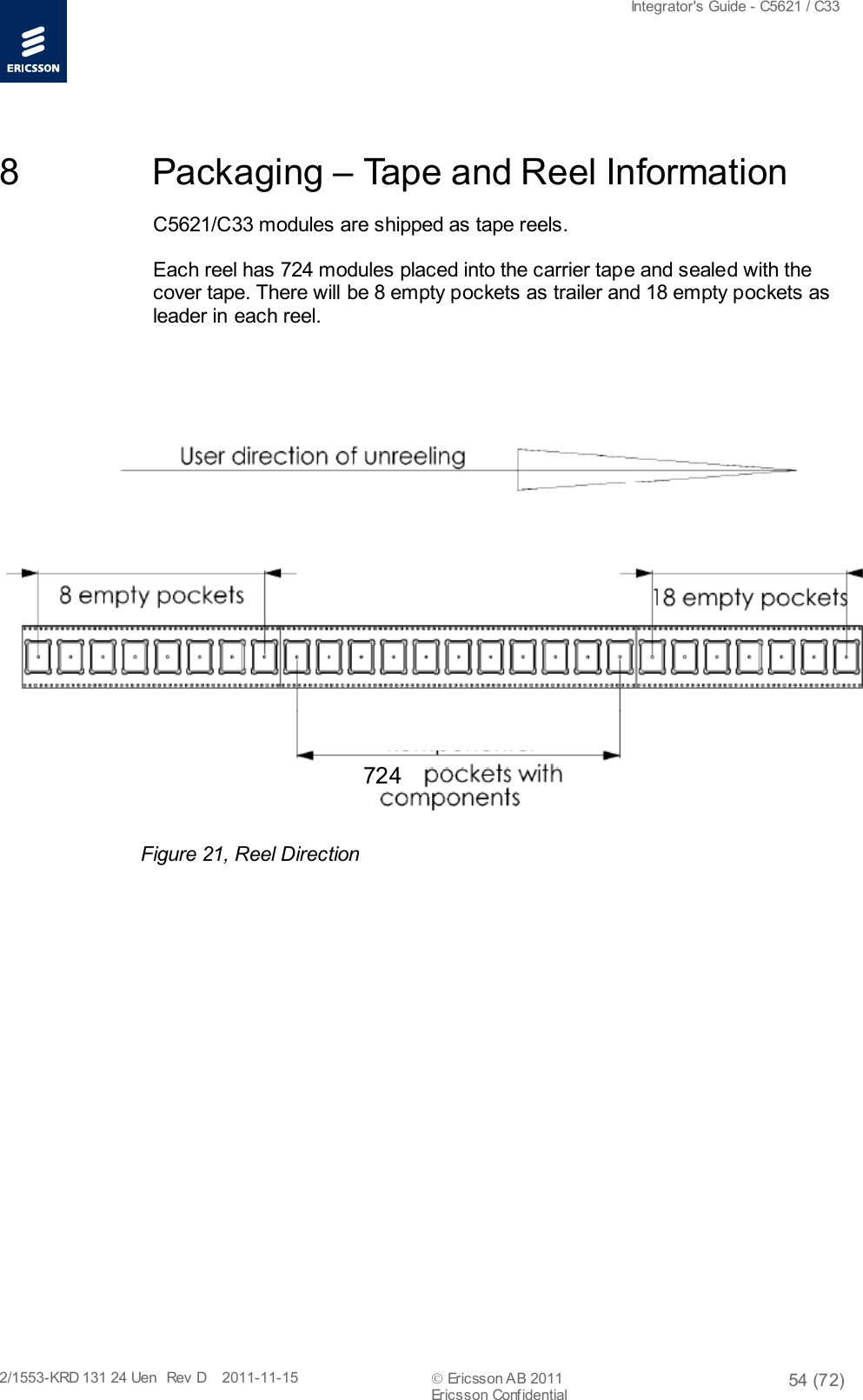  Integrator&apos;s Guide - C5621 / C33   2/1553-KRD 131 24 Uen  Rev  D    2011-11-15  Ericsson AB 2011 54 (72)  Ericsson Confidential   8  Packaging – Tape and Reel Information C5621/C33 modules are shipped as tape reels. Each reel has 724 modules placed into the carrier tape and sealed with the cover tape. There will be 8 empty pockets as trailer and 18 empty pockets as leader in each reel.    Figure 21, Reel Direction  724 