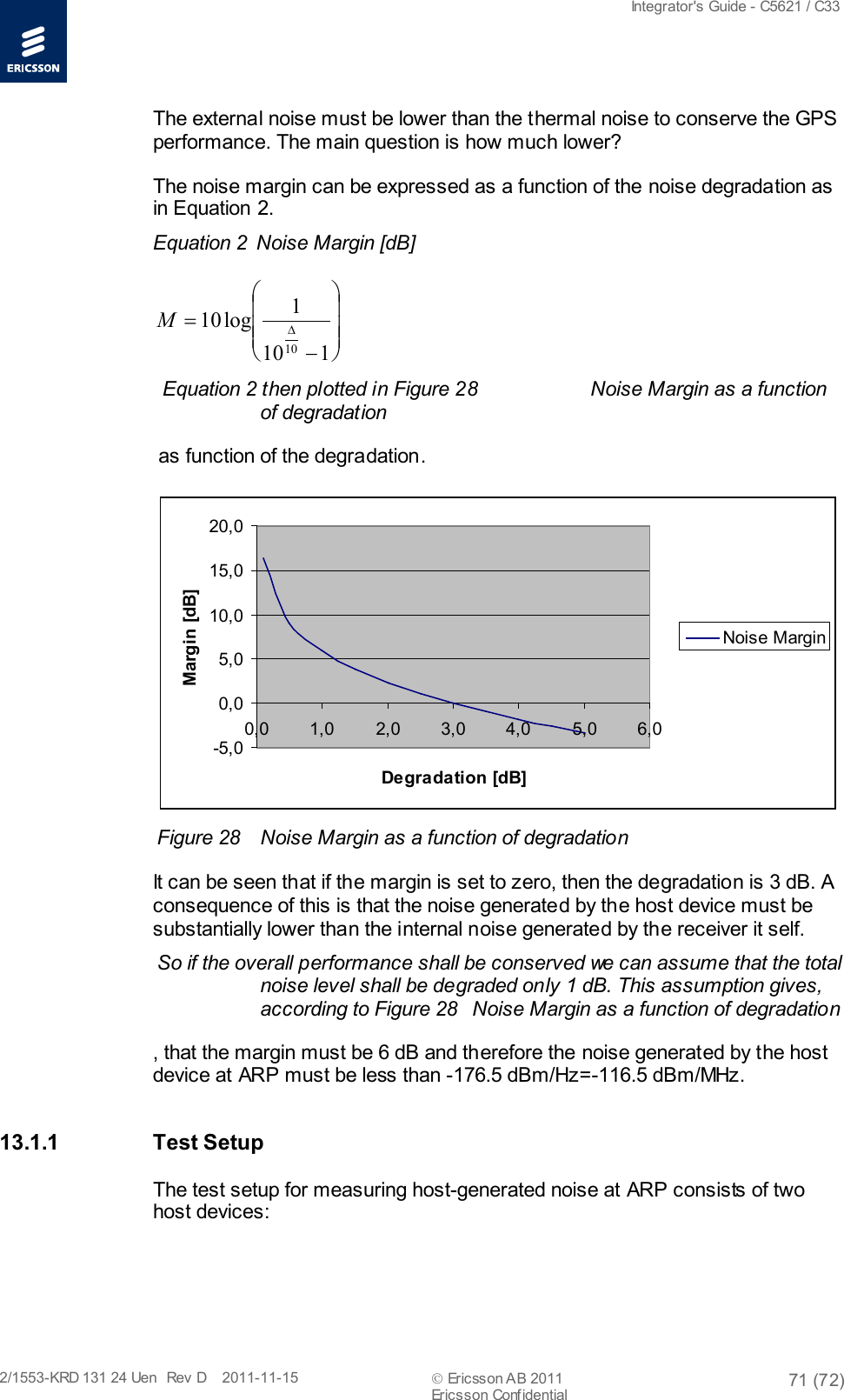  Integrator&apos;s Guide - C5621 / C33   2/1553-KRD 131 24 Uen  Rev  D    2011-11-15  Ericsson AB 2011 71 (72)  Ericsson Confidential   The external noise must be lower than the thermal noise to conserve the GPS performance. The main question is how much lower? The noise margin can be expressed as a function of the noise degradation as in Equation 2. Equation 2  Noise Margin [dB] −=∆1101log1010M  Equation 2 then plotted in Figure 28 Noise Margin as a function of degradation  as function of the degradation. -5,00,05,010,015,020,00,0 1,0 2,0 3,0 4,0 5,0 6,0Degradation [dB]Margin [dB]Noise Margin Figure 28 Noise Margin as a function of degradation It can be seen that if the margin is set to zero, then the degradation is 3 dB. A consequence of this is that the noise generated by the host device must be substantially lower than the internal noise generated by the receiver it self. So if the overall performance shall be conserved we can assume that the total noise level shall be degraded only 1 dB. This assumption gives, according to Figure 28 Noise Margin as a function of degradation , that the margin must be 6 dB and therefore the noise generated by the host device at ARP must be less than -176.5 dBm/Hz=-116.5 dBm/MHz. 13.1.1 Test Setup The test setup for measuring host-generated noise at ARP consists of two host devices: 