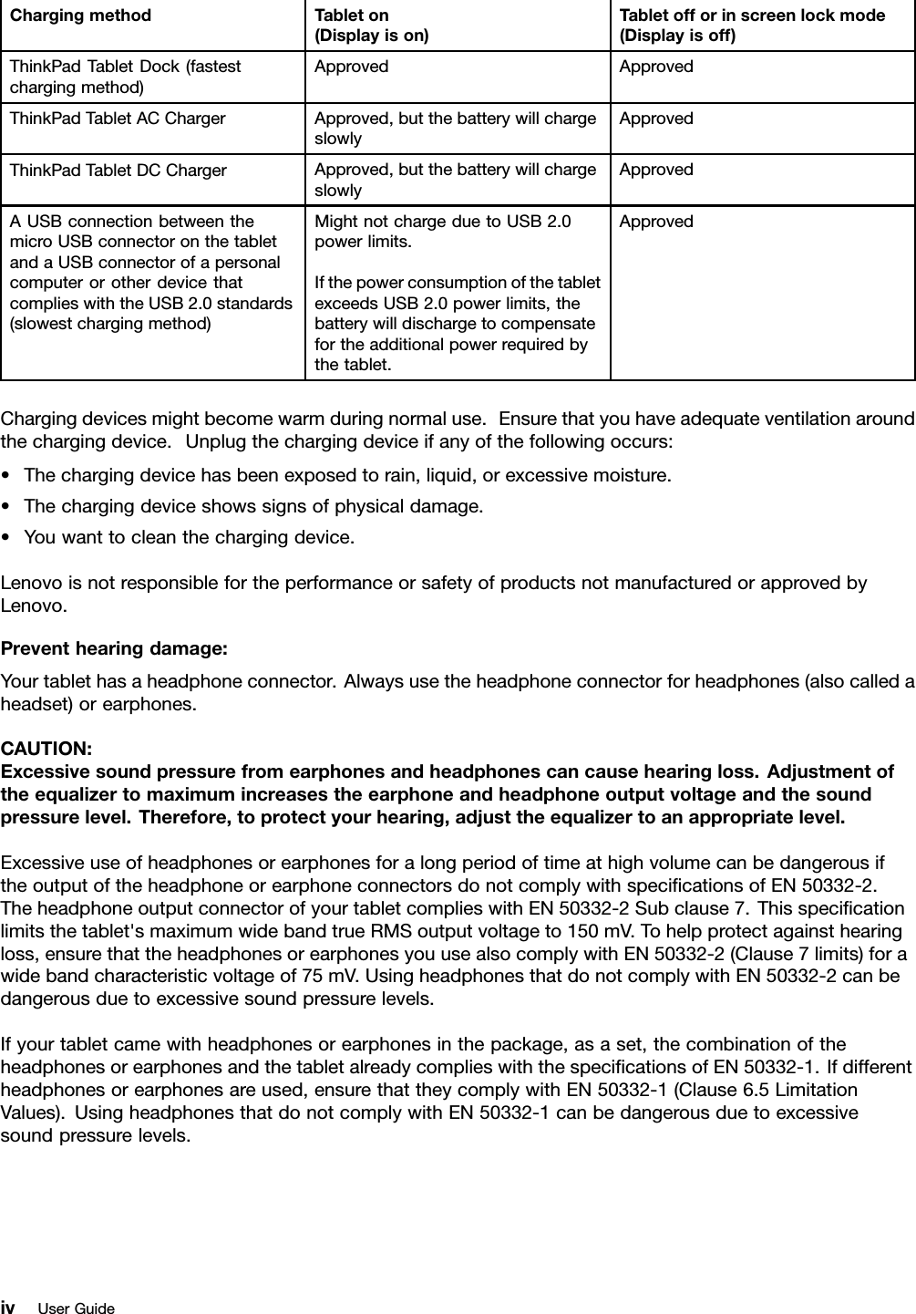 ChargingmethodTableton(Displayison)Tabletofforinscreenlockmode(Displayisoff)ThinkPadTabletDock(fastestchargingmethod)ApprovedApprovedThinkPadTabletACChargerApproved,butthebatterywillchargeslowlyApprovedThinkPadTabletDCChargerApproved,butthebatterywillchargeslowlyApprovedAUSBconnectionbetweenthemicroUSBconnectoronthetabletandaUSBconnectorofapersonalcomputerorotherdevicethatcomplieswiththeUSB2.0standards(slowestchargingmethod)MightnotchargeduetoUSB2.0powerlimits.IfthepowerconsumptionofthetabletexceedsUSB2.0powerlimits,thebatterywilldischargetocompensatefortheadditionalpowerrequiredbythetablet.ApprovedChargingdevicesmightbecomewarmduringnormaluse.Ensurethatyouhaveadequateventilationaroundthechargingdevice.Unplugthechargingdeviceifanyofthefollowingoccurs:•Thechargingdevicehasbeenexposedtorain,liquid,orexcessivemoisture.•Thechargingdeviceshowssignsofphysicaldamage.•Youwanttocleanthechargingdevice.LenovoisnotresponsiblefortheperformanceorsafetyofproductsnotmanufacturedorapprovedbyLenovo.Preventhearingdamage:Yourtablethasaheadphoneconnector.Alwaysusetheheadphoneconnectorforheadphones(alsocalledaheadset)orearphones.CAUTION:Excessivesoundpressurefromearphonesandheadphonescancausehearingloss.Adjustmentoftheequalizertomaximumincreasestheearphoneandheadphoneoutputvoltageandthesoundpressurelevel.Therefore,toprotectyourhearing,adjusttheequalizertoanappropriatelevel.ExcessiveuseofheadphonesorearphonesforalongperiodoftimeathighvolumecanbedangerousiftheoutputoftheheadphoneorearphoneconnectorsdonotcomplywithspecicationsofEN50332-2.TheheadphoneoutputconnectorofyourtabletcomplieswithEN50332-2Subclause7.Thisspecicationlimitsthetablet&apos;smaximumwidebandtrueRMSoutputvoltageto150mV.Tohelpprotectagainsthearingloss,ensurethattheheadphonesorearphonesyouusealsocomplywithEN50332-2(Clause7limits)forawidebandcharacteristicvoltageof75mV.UsingheadphonesthatdonotcomplywithEN50332-2canbedangerousduetoexcessivesoundpressurelevels.Ifyourtabletcamewithheadphonesorearphonesinthepackage,asaset,thecombinationoftheheadphonesorearphonesandthetabletalreadycomplieswiththespecicationsofEN50332-1.Ifdifferentheadphonesorearphonesareused,ensurethattheycomplywithEN50332-1(Clause6.5LimitationValues).UsingheadphonesthatdonotcomplywithEN50332-1canbedangerousduetoexcessivesoundpressurelevels.ivUserGuide