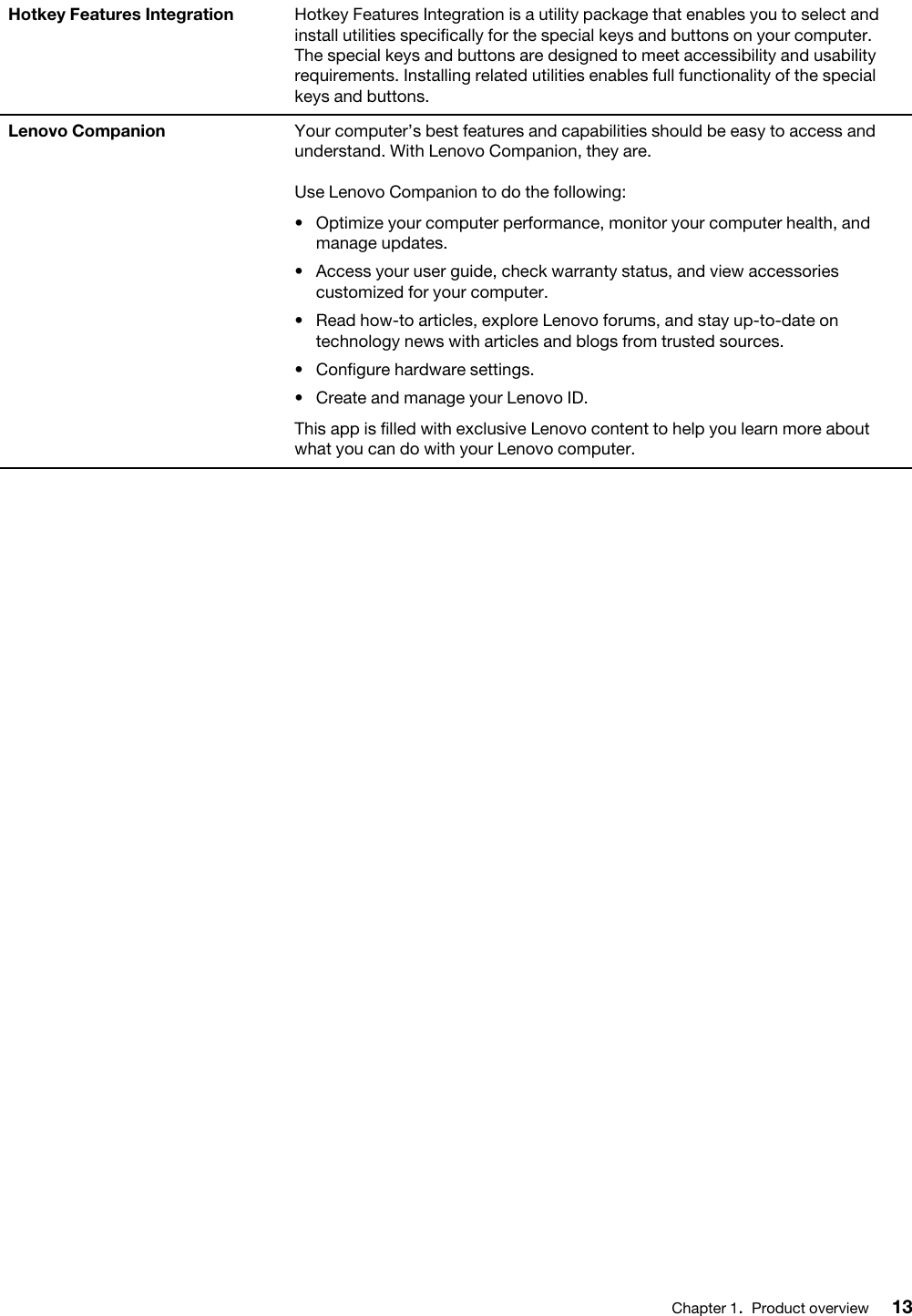 Hotkey Features Integration Hotkey Features Integration is a utility package that enables you to select and install utilities specifically for the special keys and buttons on your computer. The special keys and buttons are designed to meet accessibility and usability requirements. Installing related utilities enables full functionality of the special keys and buttons.Lenovo Companion Your computer’s best features and capabilities should be easy to access and understand. With Lenovo Companion, they are.Use Lenovo Companion to do the following:  •  Optimize your computer performance, monitor your computer health, and manage updates.•  Access your user guide, check warranty status, and view accessories customized for your computer.•  Read how-to articles, explore Lenovo forums, and stay up-to-date on technology news with articles and blogs from trusted sources.•  Configure hardware settings.•  Create and manage your Lenovo ID.This app is filled with exclusive Lenovo content to help you learn more about what you can do with your Lenovo computer.Chapter 1.Product overview 13