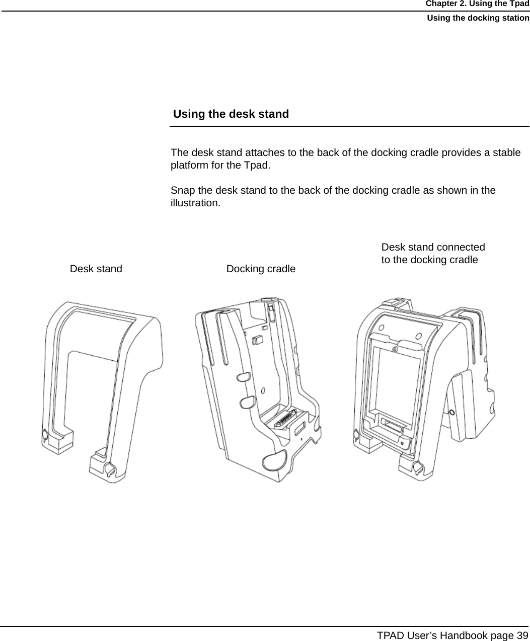 The desk stand attaches to the back of the docking cradle provides a stable platform for the Tpad.Snap the desk stand to the back of the docking cradle as shown in the illustration.TPAD User’s Handbook page 39Chapter 2. Using the TpadUsing the docking stationUsing the desk standDesk stand  Docking cradleDesk stand connectedto the docking cradle